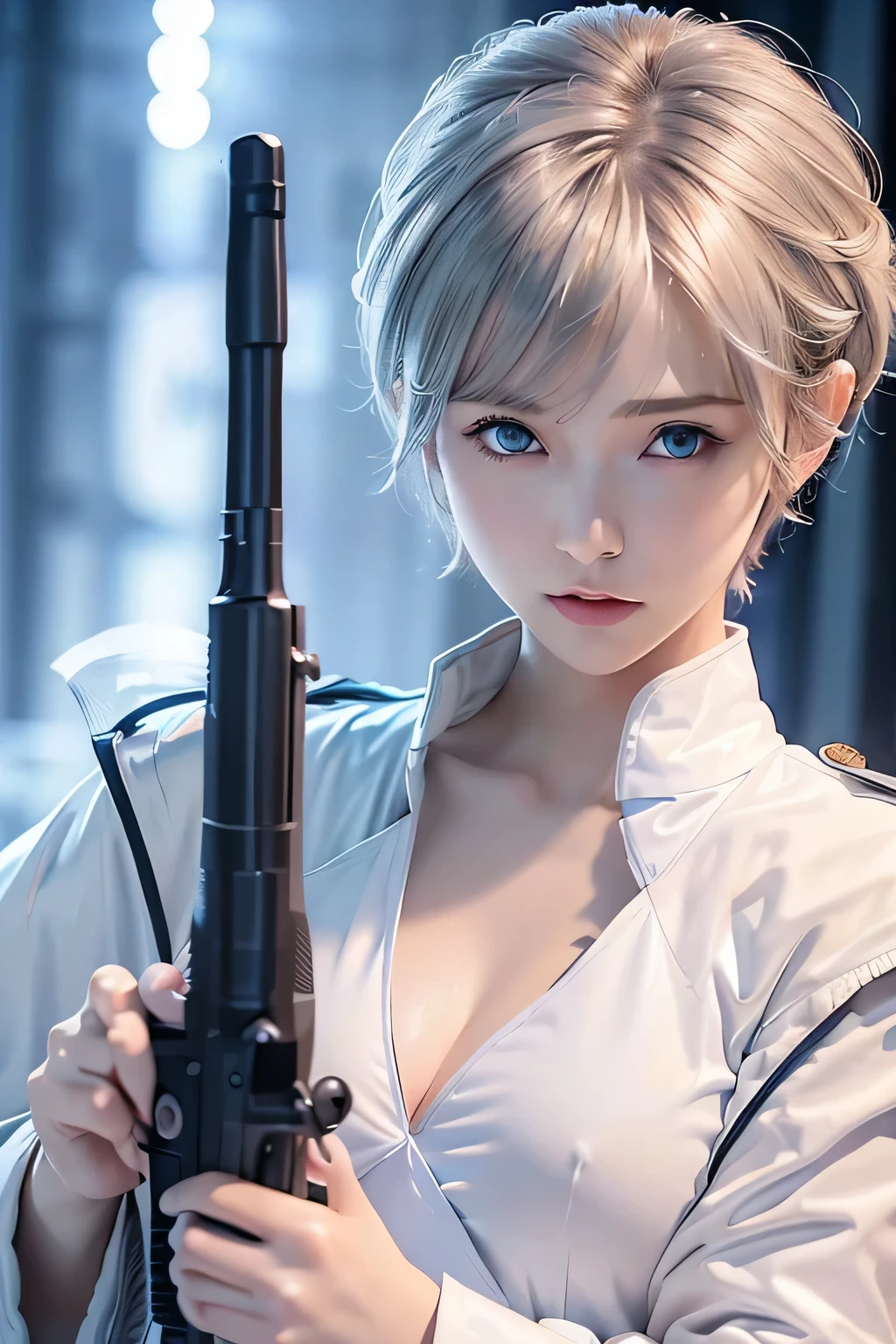 ８ｋ、highest quality, 1 girl, , blue eyes, ((pixie cut)), , , slim、flat body、lonely face、cute、inverted triangle face、 (close up head shot:1.23) 、assassin、with a gun in both hands、Wearing a white fur trench coat closed in the front、(point a gun:1.5)