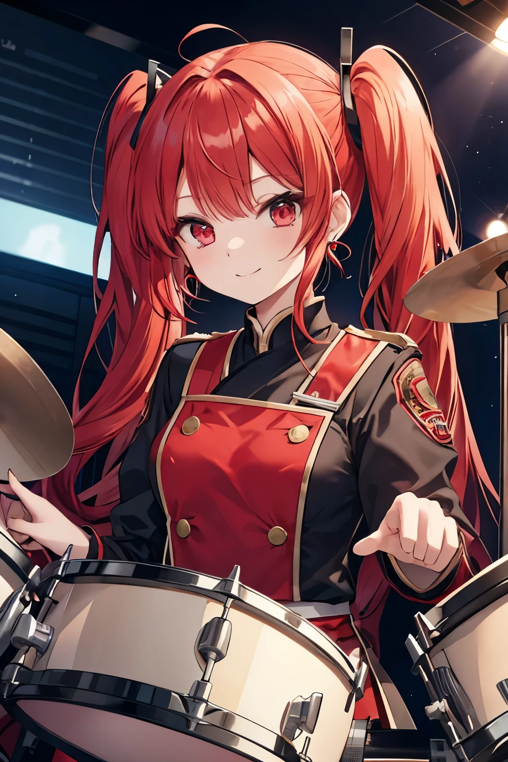 red hair red eyes、 girl、small breasts、twin tails、uniform、smile、playing the drums🥁、has cute earrings、gal