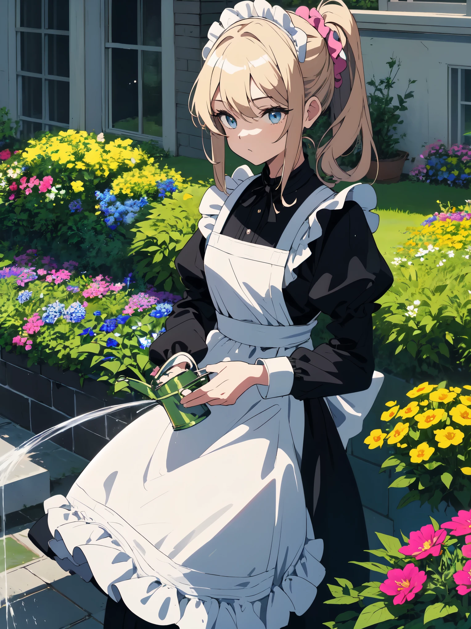 (masterpiece, highest quality, High resolution、be familiar with), (shining eyes)、1 girl,blonde hair, maid, blue eyes, side ponytail, hair scrunchie, hair ornaments, blue scrunchie, maid headdress, apron, (Mansion garden),(I am watering the flowers blooming in the flower bed.)，(I use a watering can to water the flowers in the flower bed.),hair between eyes, , long sleeve, bangs, white shirt, black dress, side lock, maid apron, black pantyhose,  cowboy shot,indoor、Western-style room、beautiful anime