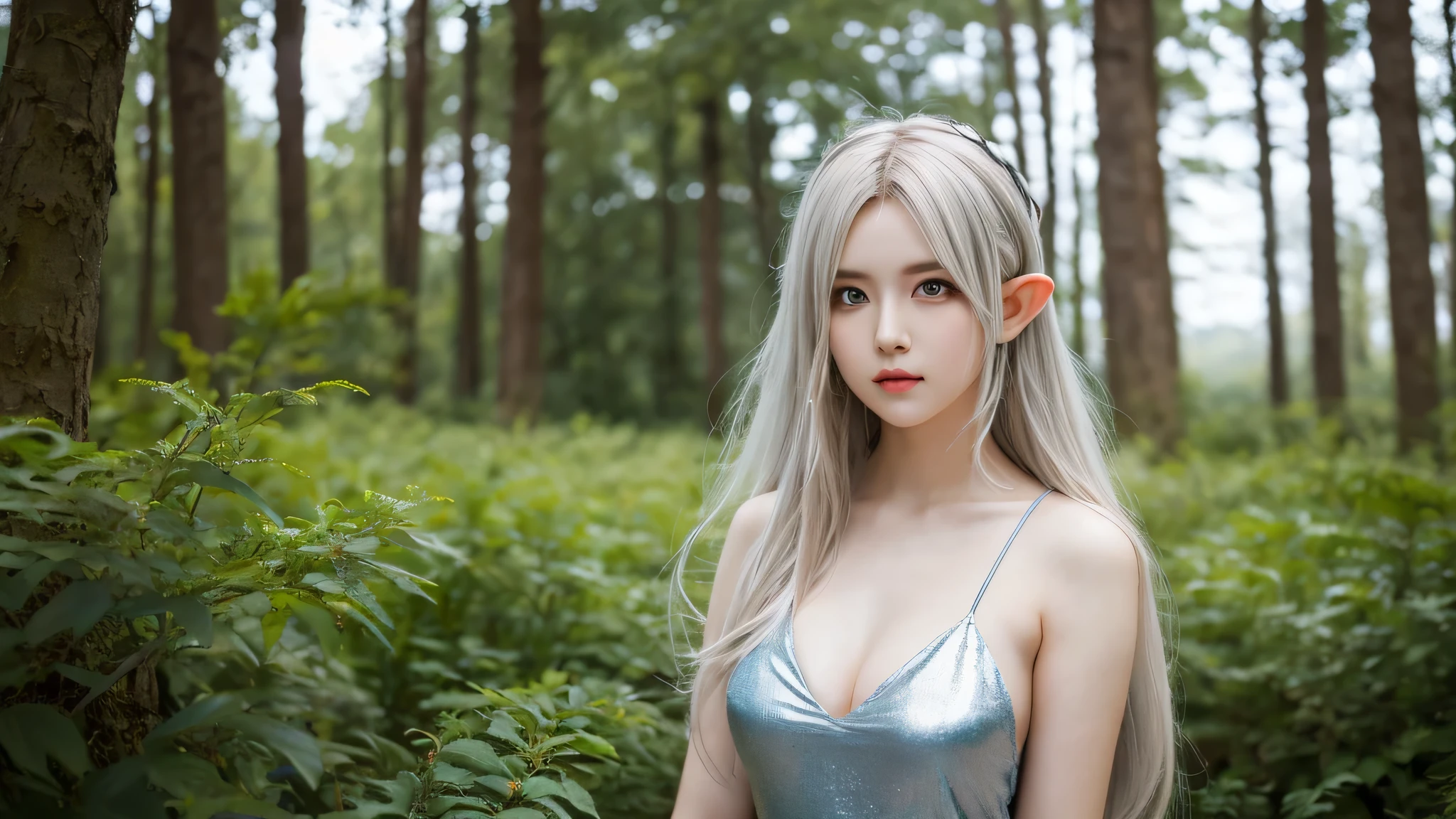 ((alone)),(masterpiece,highest quality,High resolution,realistic, photo realistic), cosplay,goblin, goblin,High resolution, plump lips, emerald green eyes,chest,silver hair, lightly dressed,short dress,thin,Upper body,forest,blue sky,looking at camera,dynamic pose