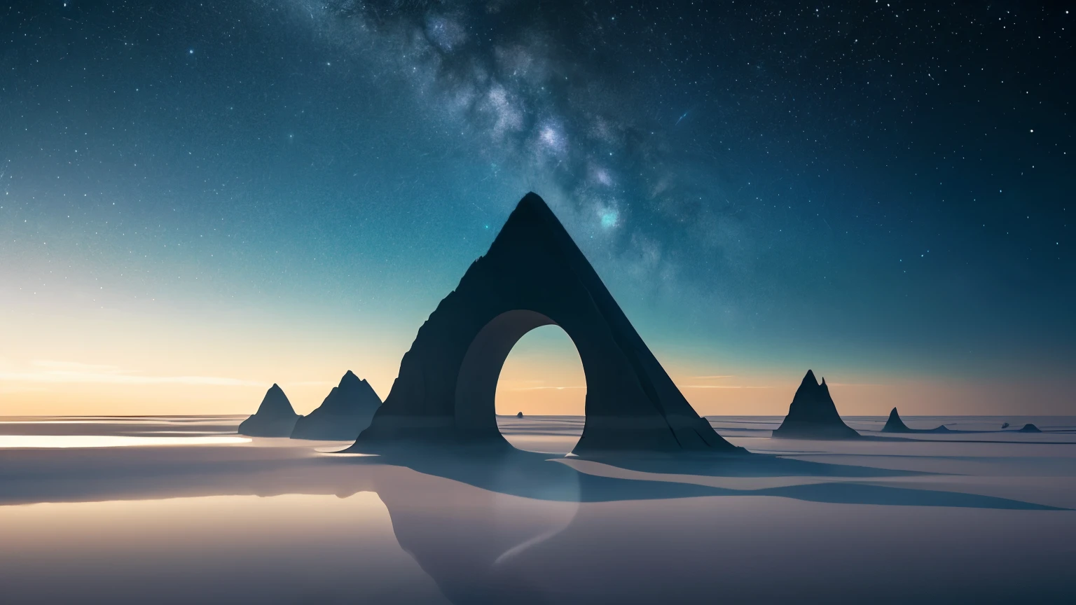 Create a transcendent, dreamlike image of an ethereal natural landscape that evokes a sense of spiritual harmony and healing for the viewer. Depict a hauntingly beautiful scene such as the vast Salar de Uyuni salt flats or another surreal, earth-toned vista that feels imbued with mystical energy connecting the inner self to the outer wonders of the natural world.
The composition should inspire the viewer to feel a sense of otherworldly tranquility and introspection - as if being enveloped in the hushed, meditative expanse of this mystic terrain allows one to quietly ponder their way of being while feeling an empowering sense of clarity and renewed purpose. The use of muted colors, soft lighting, minimalist framing, and mysterious elements should reinforce themes of inner peace, gaining an enlightened perspective, and existing in sacred synergy with the ineffable beauty of nature.
Some potential details to consider including:
A vast, virtually boundless view across the crystalline Uyuni salt flat under an ethereal sky
Render the hexagonal salt formations and earthy color palette in vivid, hyper-real detail
Strange localized phenomena could be included like a rolling fog bank or light reflecting eerily off the surface
A solitary figure or simple geometric shapes could provide subtle focal points amidst the vast emptiness
Play with warping perspectives or impossibly seamless horizon lines to enhance the dream-like atmosphere
An overall aesthetic of equal parts mystical allure, desolate minimalism, and ageless, eternal expansiveness
The scene should envelop the viewer in an aura of profound stillness and humbling infinity that strips away distractions and sparks deep self-reflection. But it should also provide a subtly uplifting undercurrent that leaves the viewer feeling spiritually centered, their mind cleared of burdens, and their soul inspired to move forward on life's journey with renewed clarity of purpose.