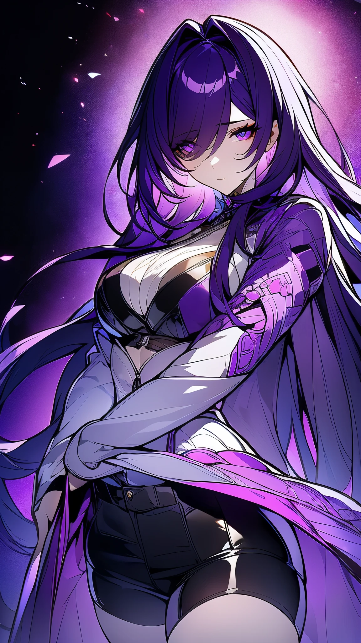 ((8K resolution))、((highest quality))、((masterpiece))、((Super detailed))((((dramatic))), (anatomically correct)、anime style、one person、one personの女性、confident、eight-headed body、((Her left eye is hidden by her hair..., purple eyes)), ((white jacket, Purple pattern)), black leather shorts and bra, (white stripe), dark purple hair、(theme、whole body)、Clear shadows