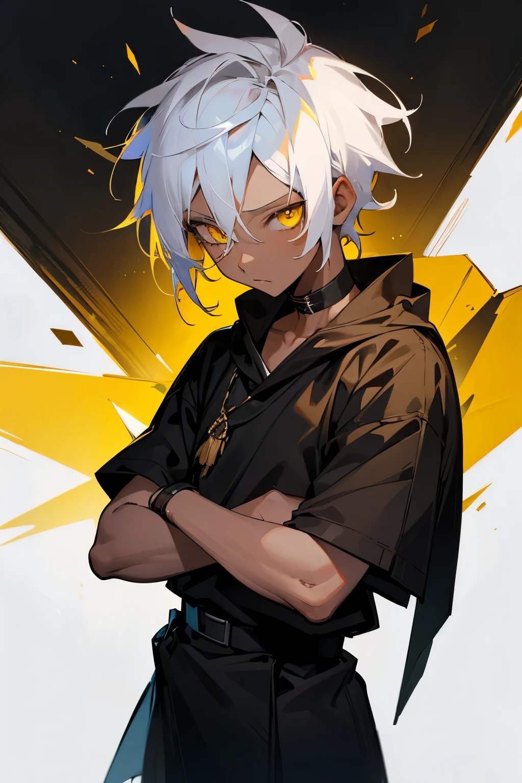 Boy, white hair, yellow eyes, black skin, age 10, ten-year-old