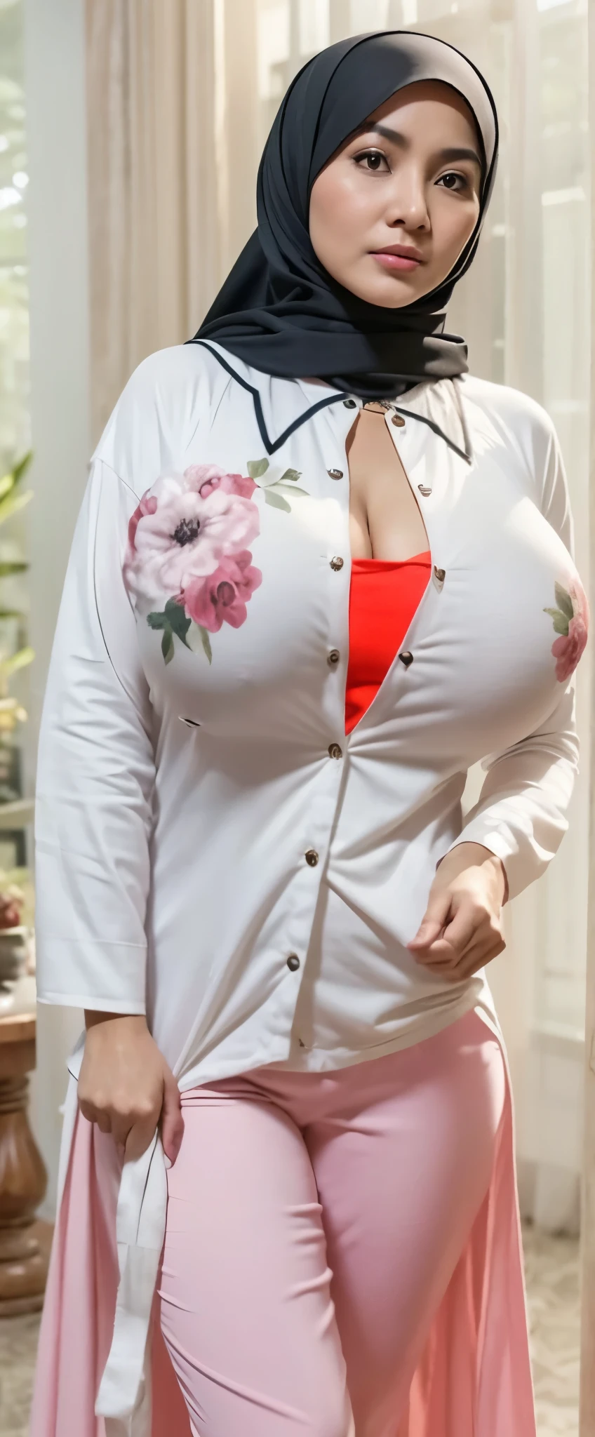 50 years Old, Hijab Indonesian mature woman, Big Tits : 66.9, Gamis, Breast out from her clothes : 1.9, at doctor office, Dark light, at Nighttime