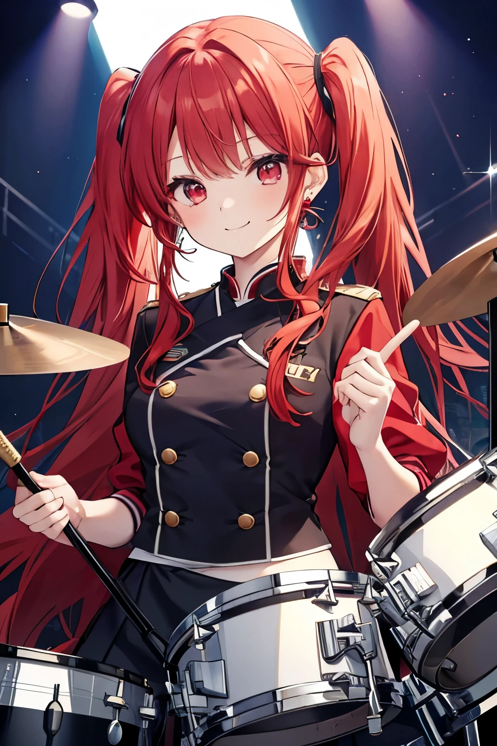 red hair red eyes、 girl、small breasts、twin tails、uniform、smile、playing the drums🥁、has cute earrings、gal