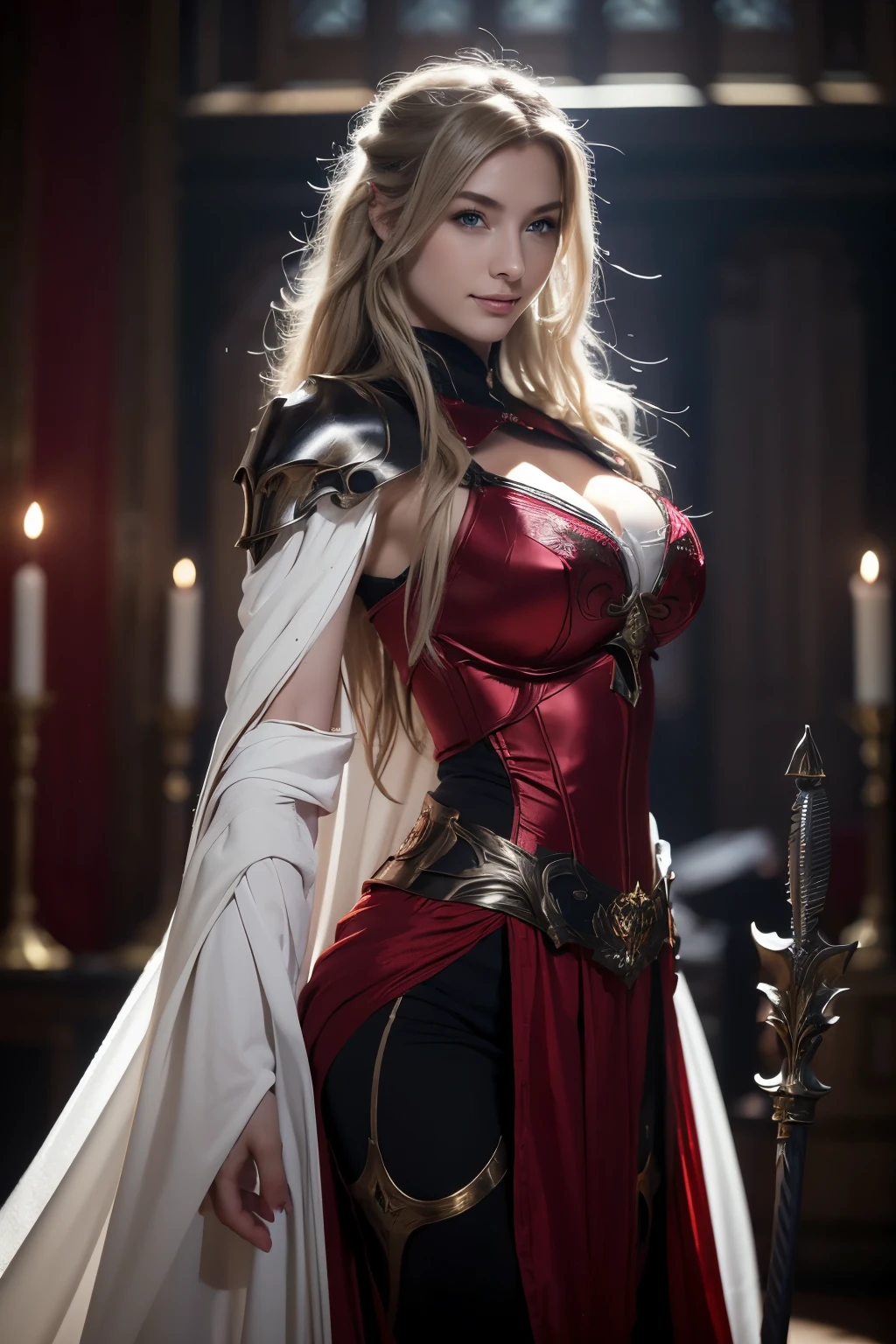 8K,Blonde girl wearing luxurious red, white and black chest armor, Super beauty(Like the real thing)real looking skin,Beautiful Princess Knight,Blue eyes, Princess Knight, ((Beautiful and fantastic Princess Knight)), An elegant , gorgeous princess paladin,  gorgeous robes, Beautiful Princess Knight, Very beautiful princess top model,超A high resolution,Masterpiece,A hyper-realistic,Fantasyart,curacter art,cinestill 800,alluring glance,A sexy,a closeup,a smile,A sexyな衣装,Slender and muscular body,combat scene,action scene,actionpose,Equipped with a rapier on the waist,Royal coat of arms carved into the chest armor,red and white luxurious cloak, super slim body, super colossal breast, small waist, 