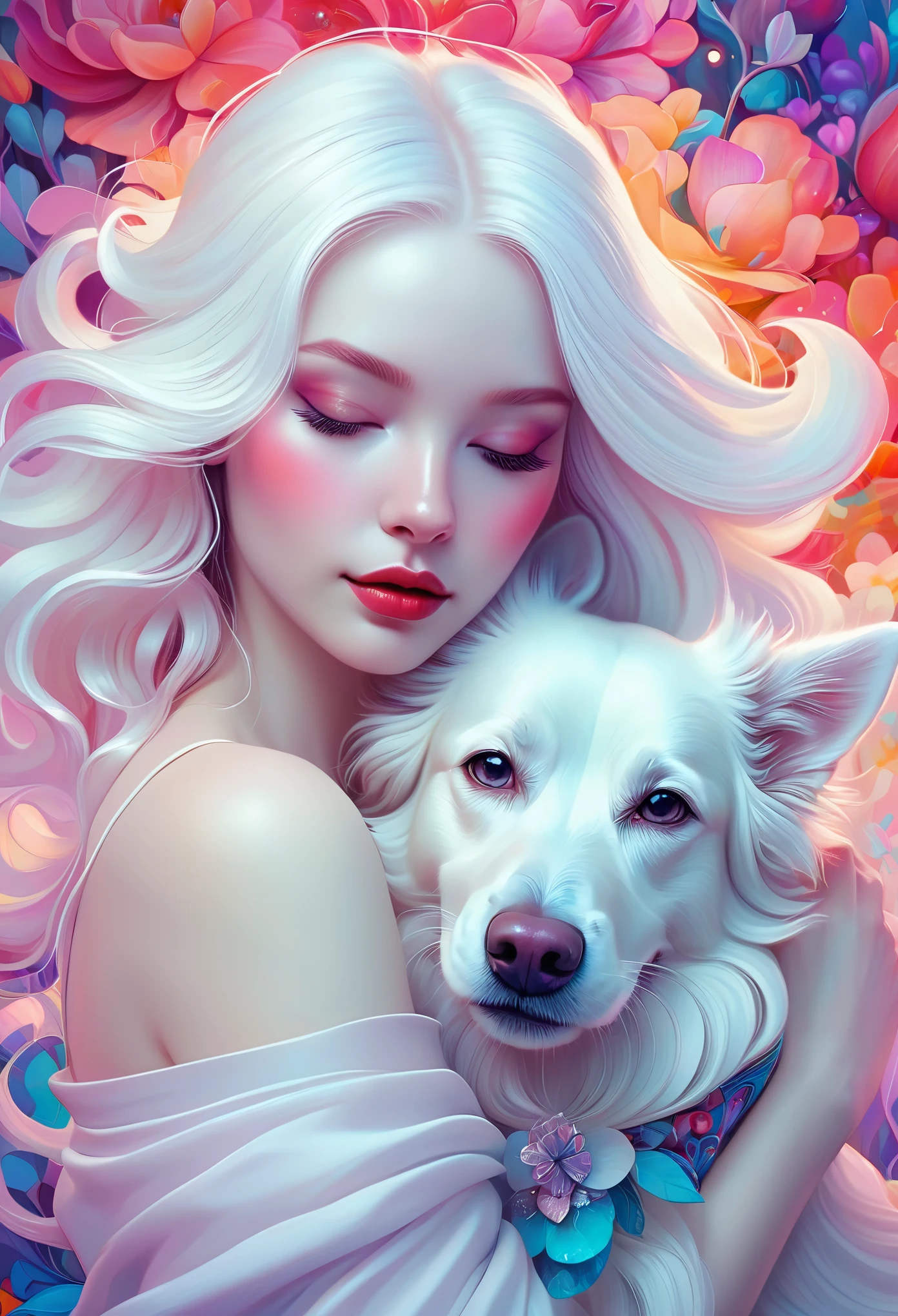 Picture of a woman with long hair, hugging a white dog, colorful digital fantasy art, Beeple and Jeremiah Ketner, Anna Dittmanн, just a joke, in style of Anna Dittmann, beautiful artwork illustration, Anna Dittman, beautiful portrait in fantasy style, colorful illustration, inspired Anna Dittmanн, beautiful art uhd 4k