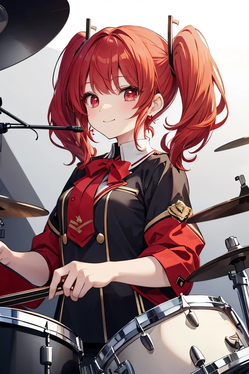 red hair red eyes、 girl、small breasts、twin tails、uniform、smile、playing the drums🥁、has cute earrings、gal