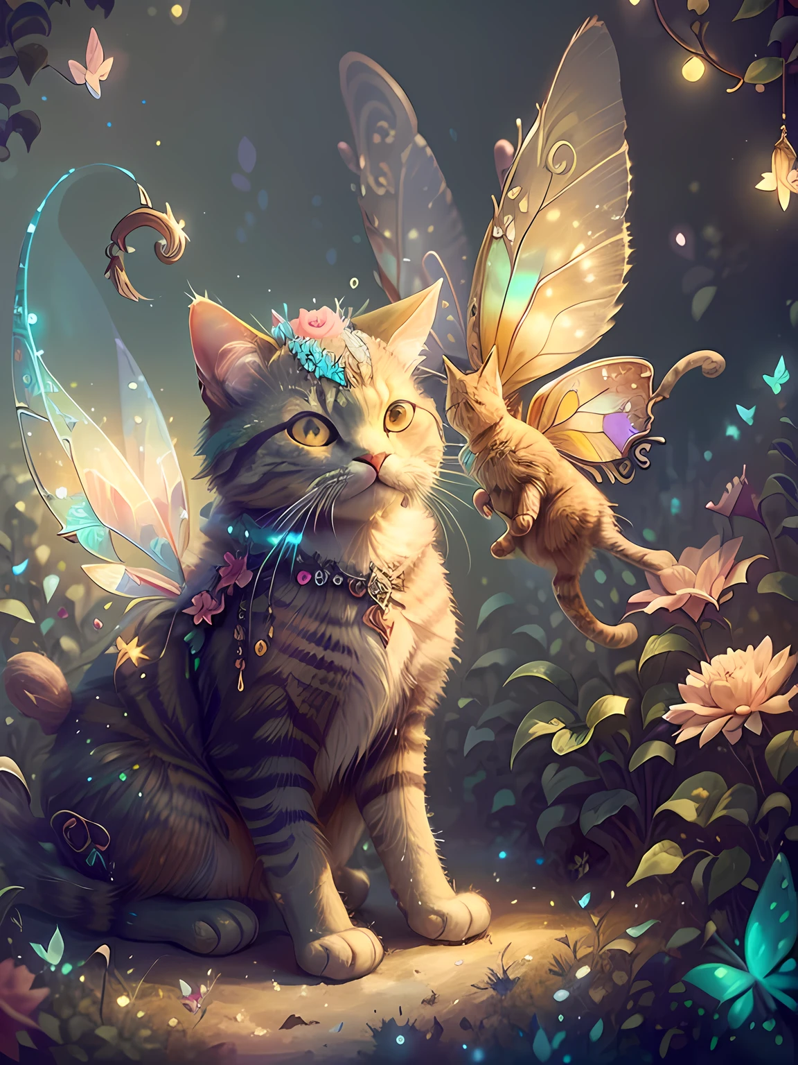 masterpiece, {{{best quality}}}, {{super detailed}}, {illustration}, FairyTaleAI Cat Fairy, Cinematic angle, {detail Light},Light. 一朵美丽的 3D Light谱水晶花, Soft Cat Fairy, Colorful butterflies flying around roses