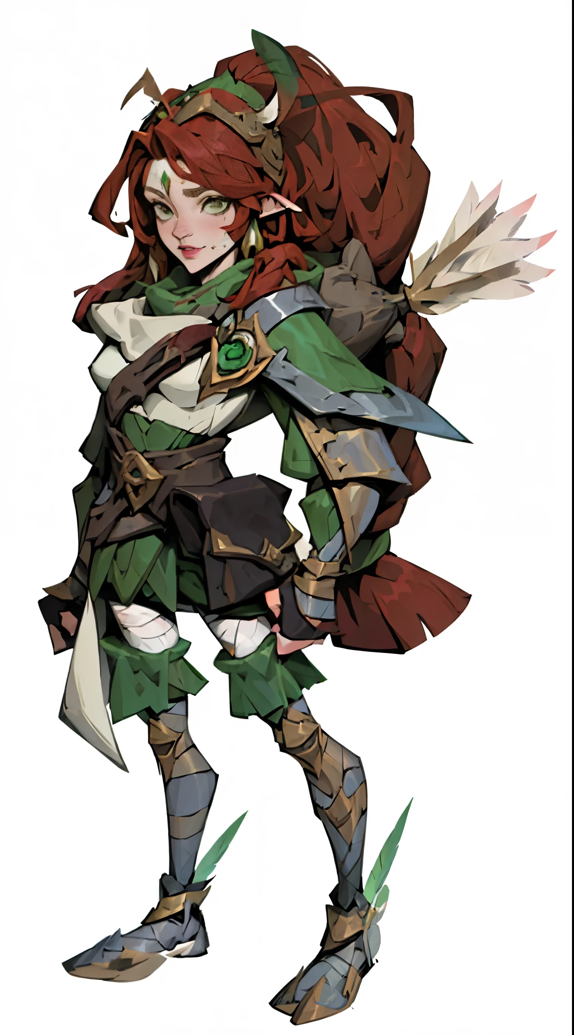 Grass, Field, League of Legends, 1girl, elf, druid, animal ears, bandage legs, long legs, bandage, bandage, bird legs, bird skull, cape, shut up, ears by headdress, eyes visible through hair, face drawings, feathers, hood, hooded cape, long hair, brown green eyes, Ginger, red hair, colorite hair, armor, blue scarf, scarf, scarf, scarf long hair, hooded scarf, green clothes, green skirt, long skirt, leather armor, nose ring, nostrils, backpack