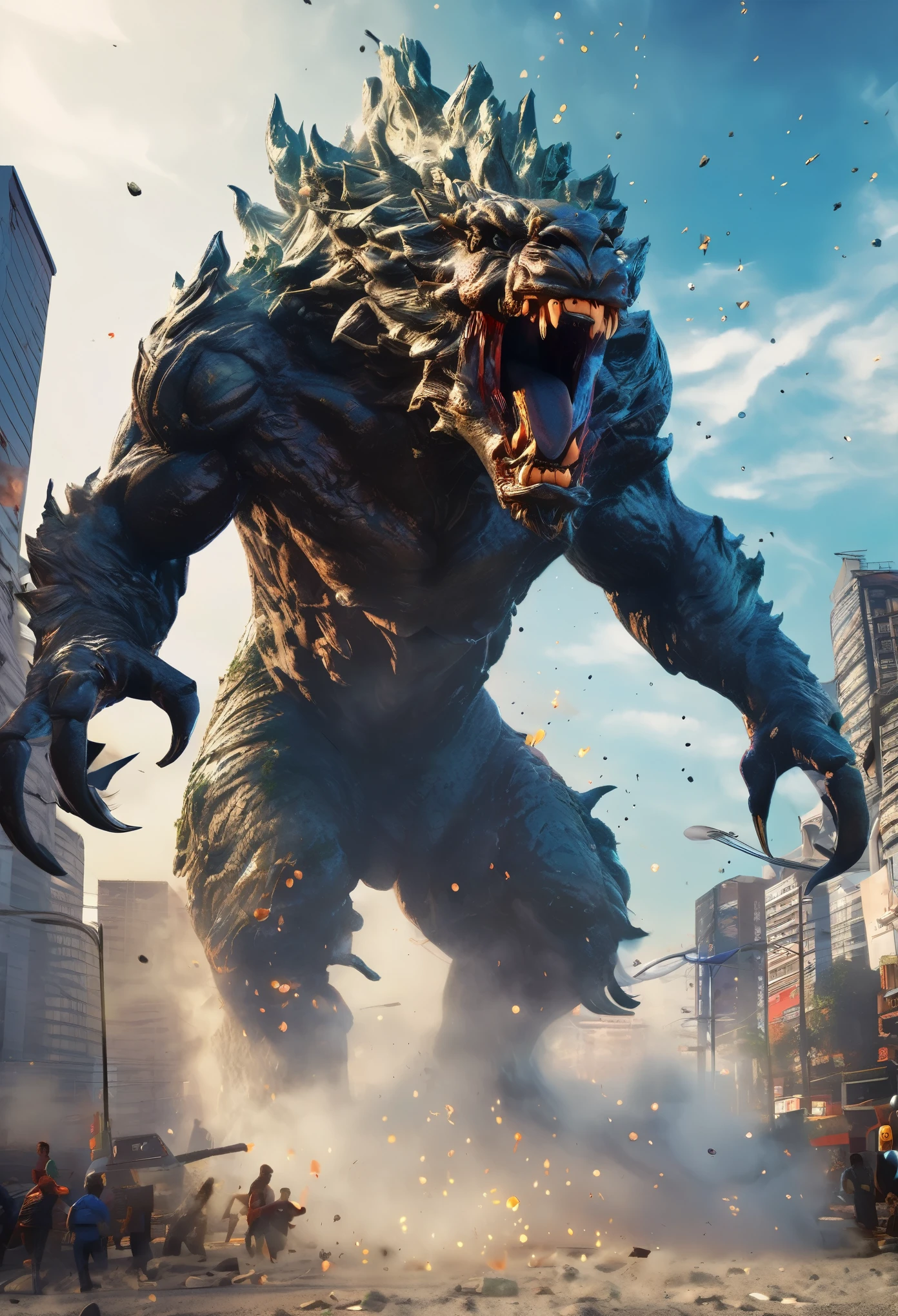 (Gore), Godzilla, defeat, Dying lying, (Dismember,) (stomach cut), (Blood gushes out), (Screaming with a pained expression), Wounds all over the body, Face also injured, Blood dripping from the wounds, Vomiting a large amount of blood,(1body),half of the body Torso cutting.