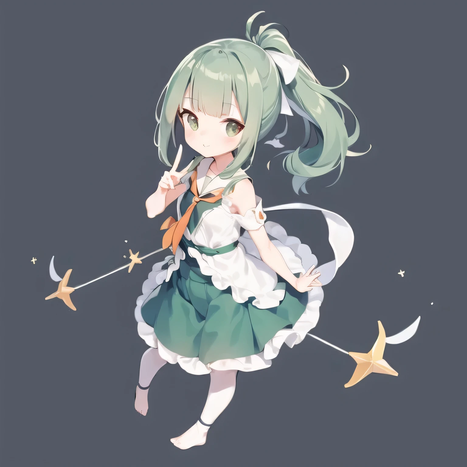 masterpiece, highest quality,  beautiful feet、Full body Esbian, 1 girl,Color 0n icon、ik1、full body description, 1 girl、cowboy shot, a bit, Full body Esbian, white background, plain background, simple background, Yubari_Fleet Collection, green hair、Semi-long ponytail、white ribbon、peace sign with both hands、