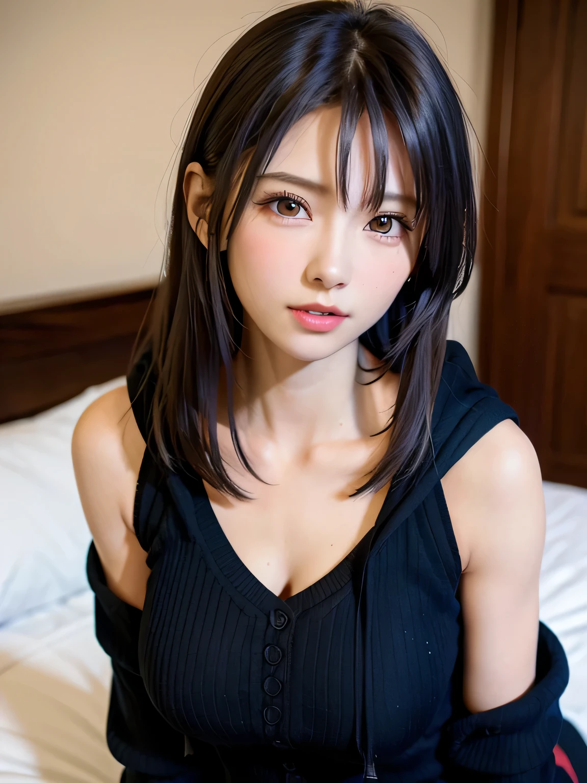Ultra-realistic, masterpiece, ((ultra-detailed background, delicate pattern, intricate details)), (realisitic, Photorealsitic:1.37), best quality, very detailed face, extremely detailed eyes and face, extremely detailed eyes, hair intakes, black hoodie, black long pants, Charming posture, image of a girl sitting on a bed in a black hoodie, black haired girl wearing hoodie, in a hoodie, girl wearing hoodie, in a black hoodie, cyberpunk girl in hoodie, cute girl, wearing a hoodie, young girl, in bedroom