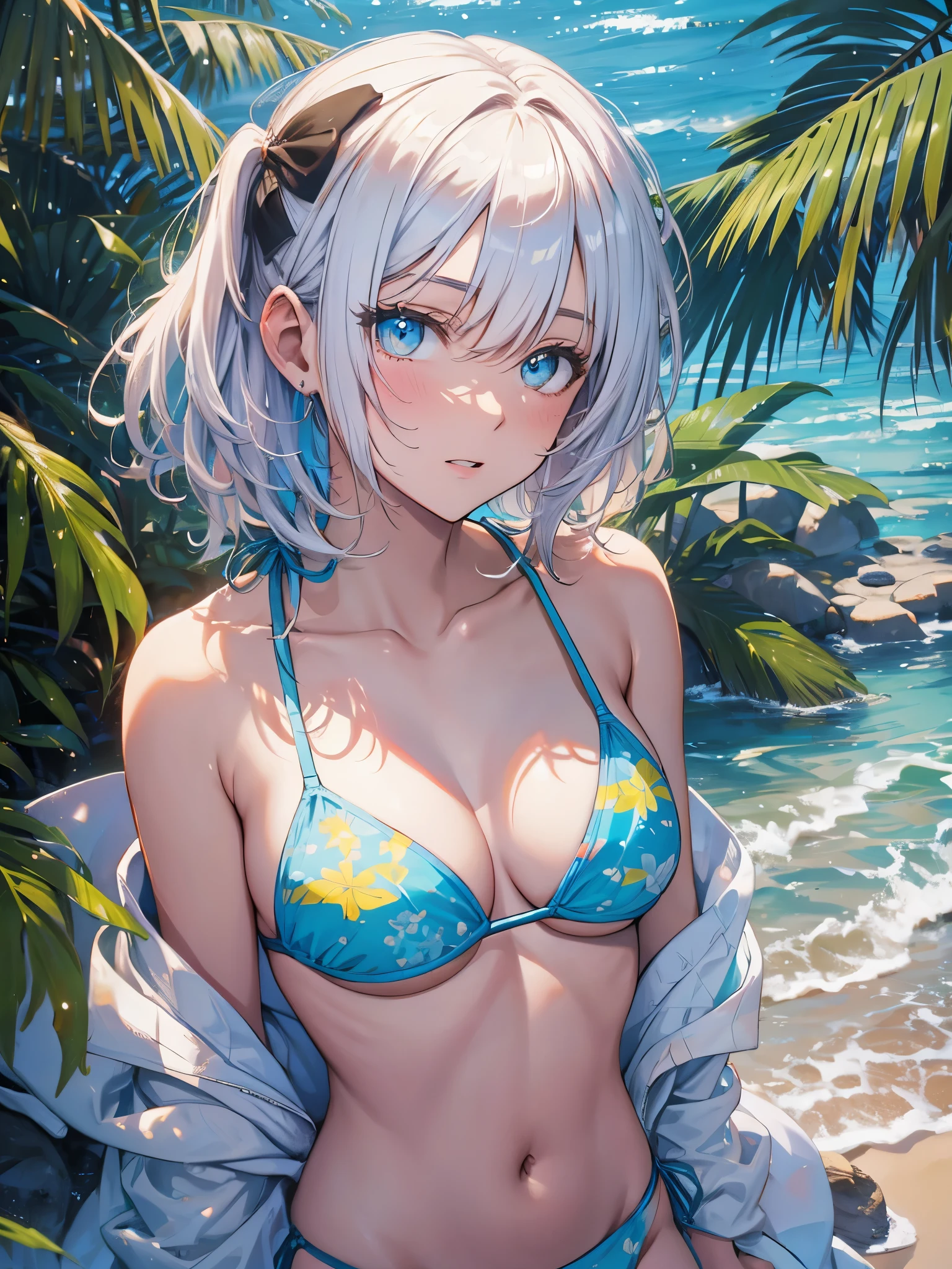 White off-the-shoulder bikini on the beach in Palau（Bikini without shoulder straps、No shoulder strap、shoulder out）Surreal portrait of Japan, Inspired by Antonio Lopez&#39;s technique, close the chuck, Ron Mueck, Richard Estes, and Marilyn Minter、Green and blue gradation eyes wrapped in the mystery of the universe,(string bikini:1.2)、perfect lighting, (perfect hands, perfect anatomy)