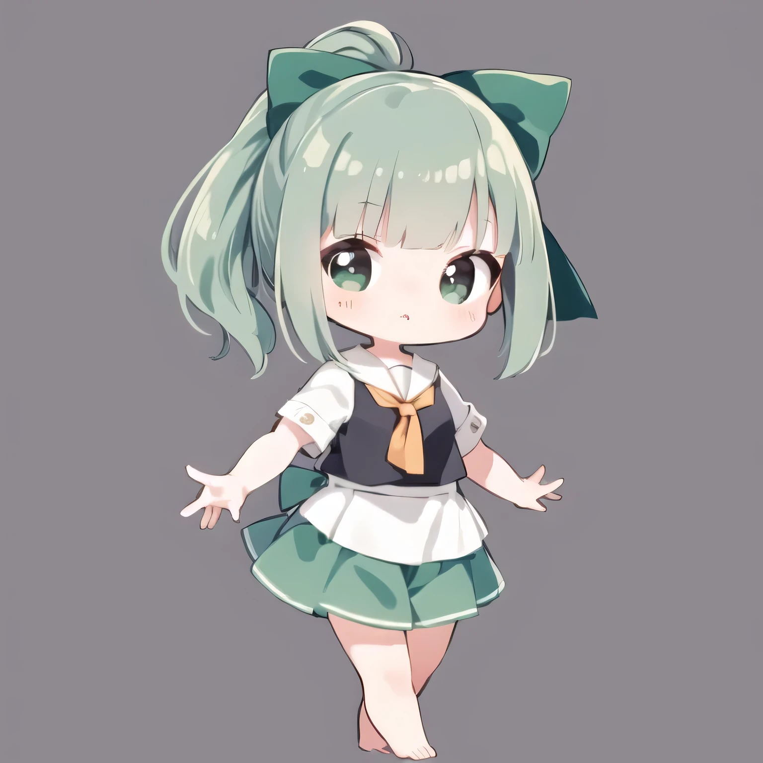 masterpiece, highest quality,  beautiful feet、Full body Esbian, 1 girl, full body description, 1 girl、cowboy shot, a bit, Full body Esbian, white background, plain background, simple background, Yubari_Fleet Collection, green hair、Semi-long ponytail、white ribbon、peace sign with both hands、