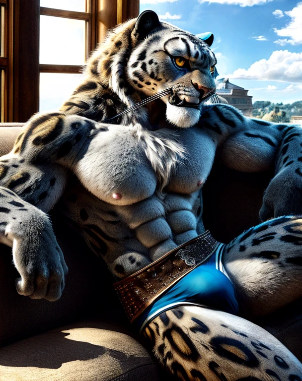snow leopard,male,aldult,alone,4K,best quality,looking at the audience,Upper body exposed,bare chest,white chest fur,,furry tail,chest muscles,pink nipples,Six-pack abs,biceps,anatomically correct,Delicate fur,pride,soft shadow,majestic,Detailed face,High quality eyes,golden eyes,black pupils,Sharp eyes,Grandiose,brave,Confident smile,Seductive smile,Strong,,Camel corset,mature,underwear,sofa,indoor,Room,window,,Blue sky and white clouds,Sunlight
