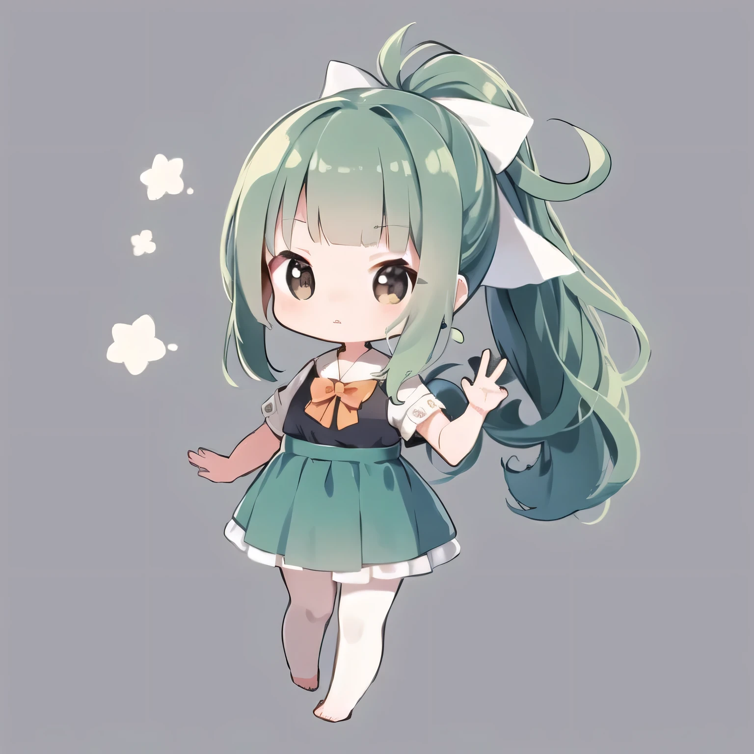 masterpiece, highest quality,  beautiful feet、Full body Esbian, waving, 1 girl,Color 0n icon、ik1、full body description, 1 girl、cowboy shot, a bit, Full body Esbian, white background, plain background, simple background, Yubari_Fleet Collection, green hair、ponytail、white ribbon、peace sign with both hands、