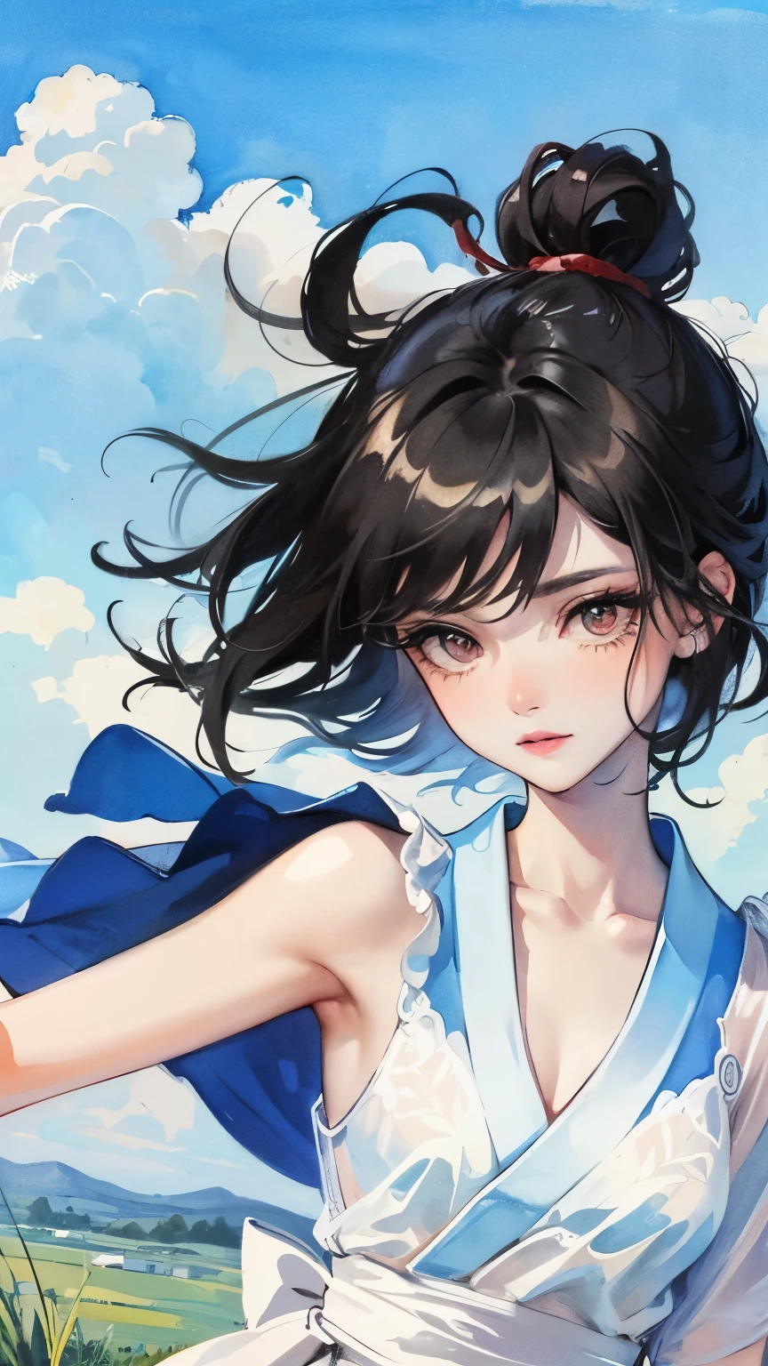 young girl black hair short hair red eyes irreverent face look down thin body thin thighs small breasts small ass toned body blue sky cloud hair blowing in the wind high quality High resolution 8K vampire watercolor natural feel bridge of nose martial arts ((最high quality)), ((masterpiece)), (become familiar with), dignified face See-through grassland close up of face Beautiful as a goddess whole face Nipples are visible lipstick eye shadow Completely naked ID photo style