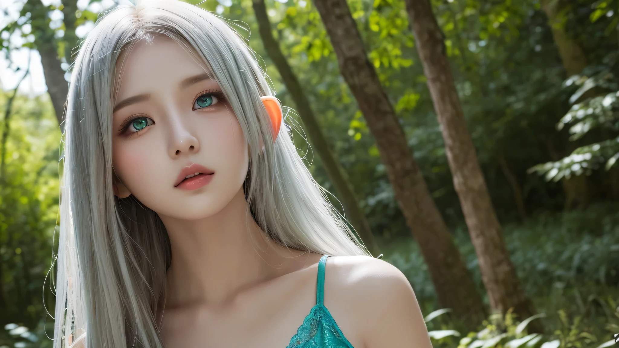 ((alone)),(masterpiece,highest quality,High resolution,realistic, photo realistic), cosplay,goblin, goblin,High resolution, plump lips, emerald green eyes,chest,silver hair, thin,Upper body,forest,lightly dressed,blue sky,looking at camera,sexy pose