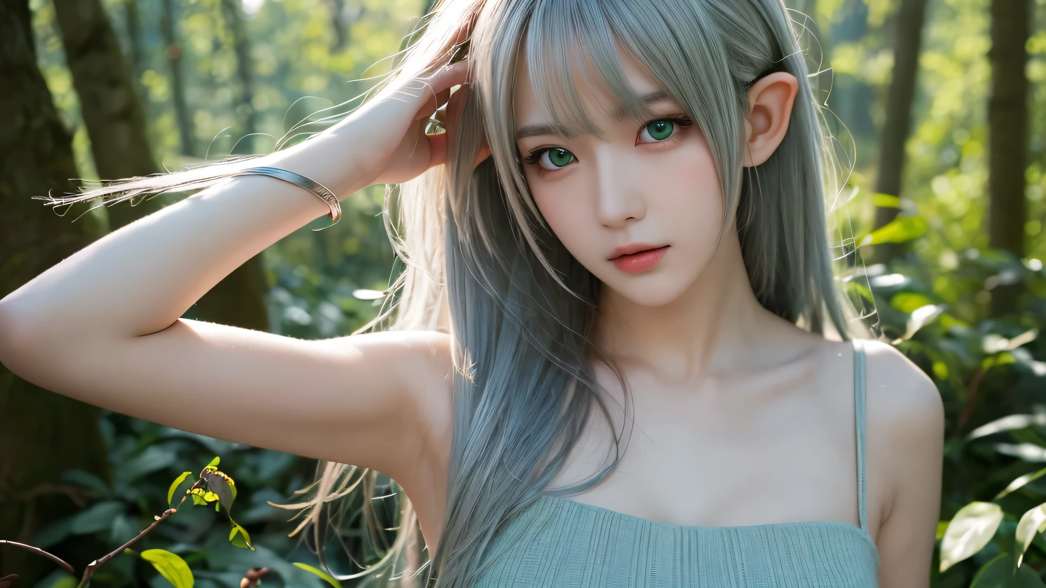 ((alone)),(masterpiece,highest quality,High resolution,realistic, photo realistic), cosplay,goblin, goblin,High resolution, plump lips, emerald green eyes,chest,silver hair, thin,Upper body,forest,lightly dressed,blue sky,looking at camera,sexy pose