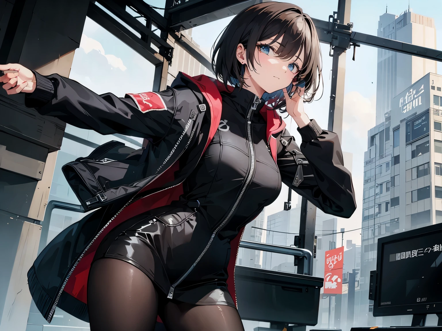 (Masterpiece, best quality), 1 girl, black hair, glasses, cyberpunk, alone, high waist, sexy appearance