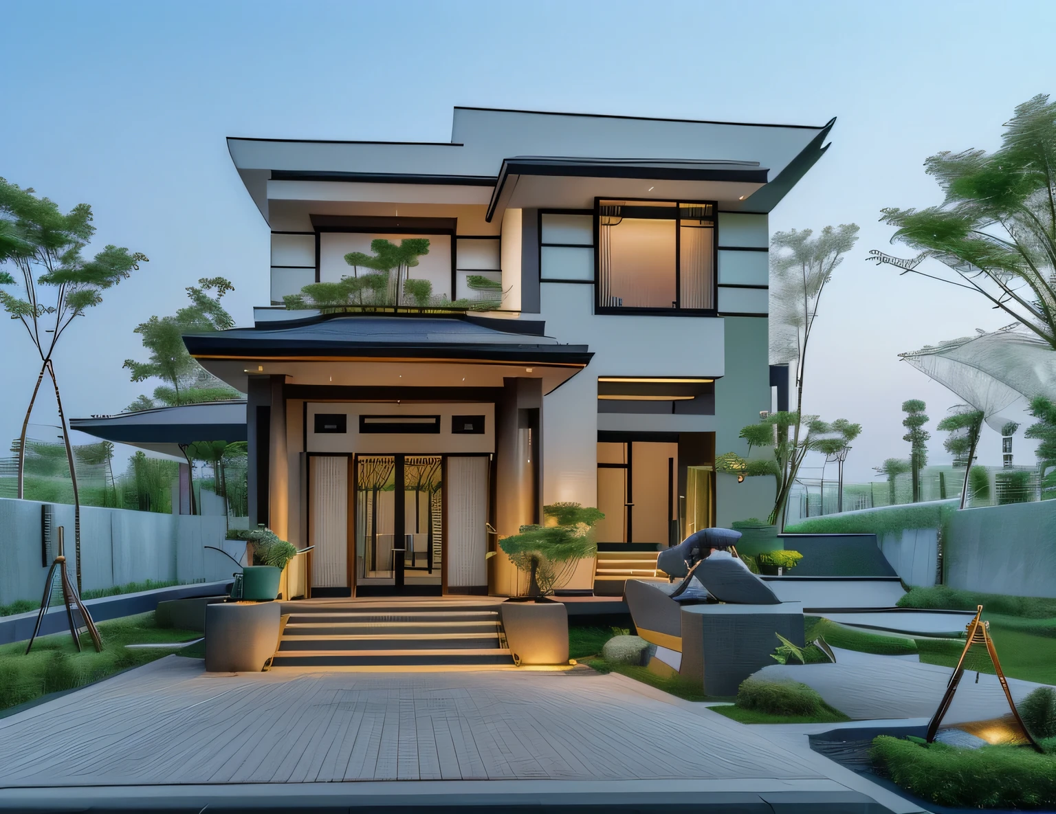 Villa japonaise sur le toit, light artificial light, Full HD, 4K, beaucoup d'arbres, Beau paysage, interior. Artificial light'interior