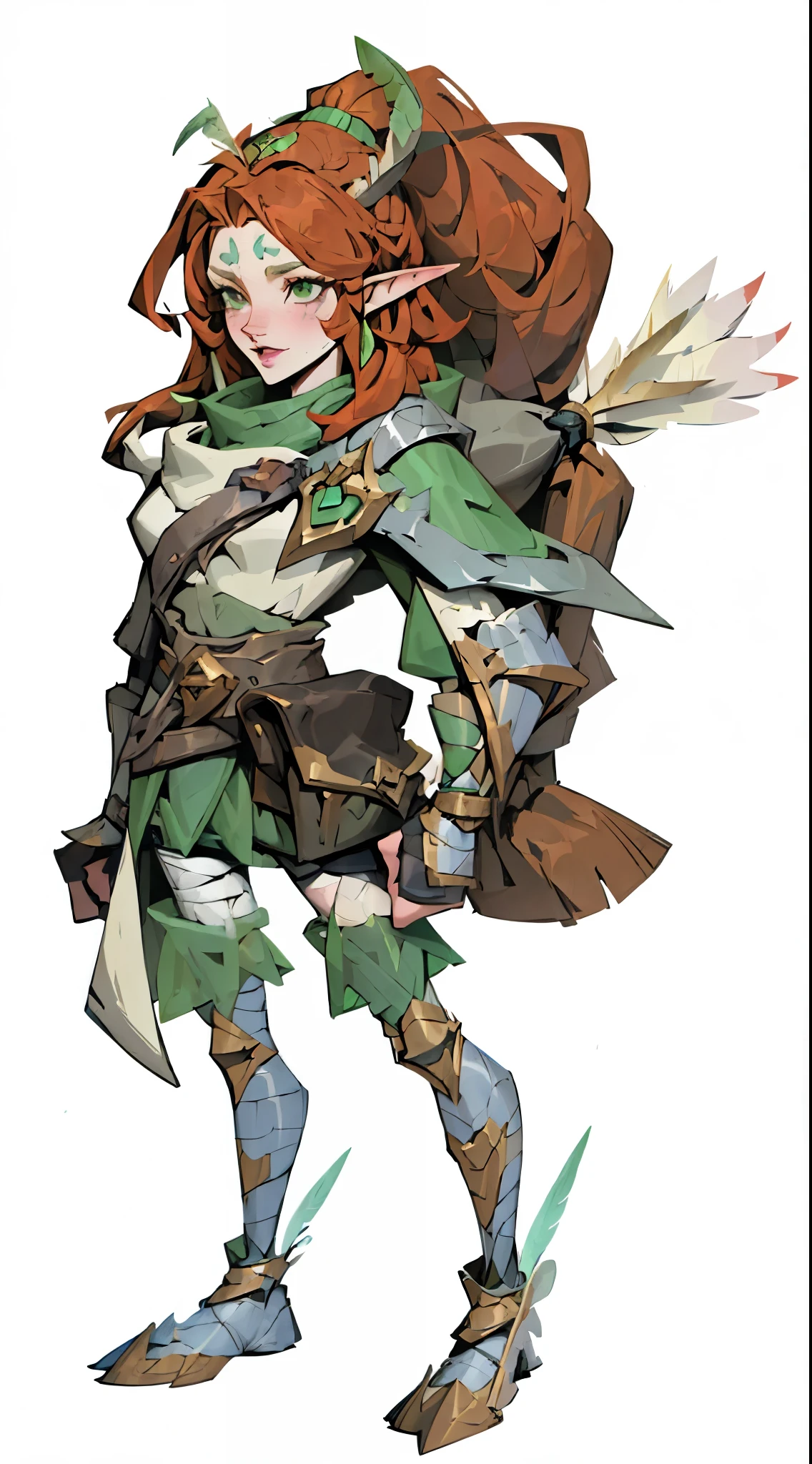 Grass, Field, League of Legends, 1girl, elf, druid, animal ears, bandage legs, long legs, bandage, bandage, bird legs, bird skull, cape, shut up, ears by headdress, eyes visible through hair, face drawings, feathers, hood, hooded cape, long hair, brown green eyes, Ginger, red hair, colorite hair, armor, blue scarf, scarf, scarf, scarf long hair, hooded scarf, green clothes, green skirt, long skirt, leather armor, nose ring, nostrils, backpack，ponytail