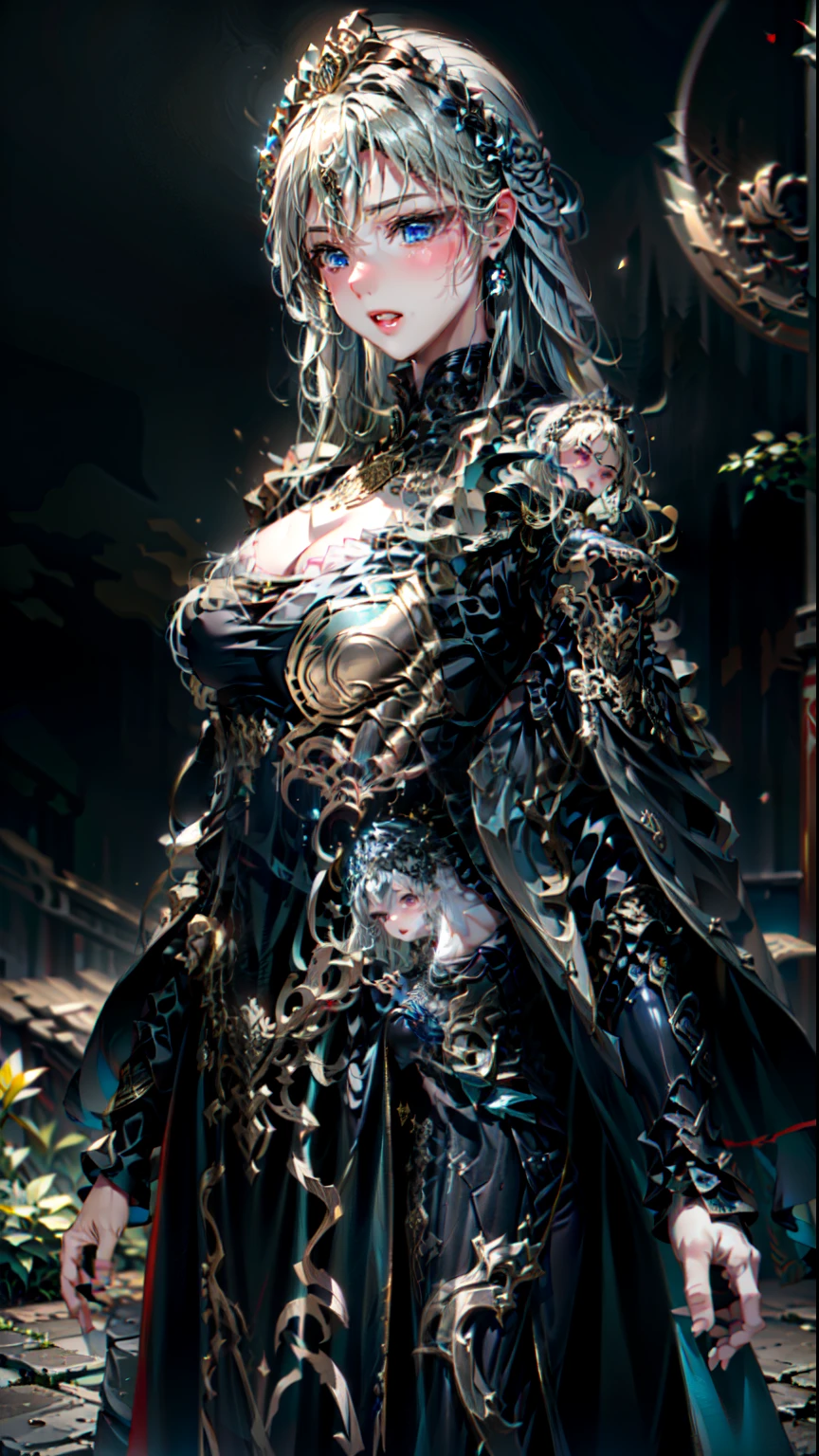 ((Best quality)), ((masterpiece)), (highly detailed:1.3),a woman wearing black armor, long hair. Rights hand Holding a luxury sword, armor war scene, super cute face, super slim body, super slim, small waist, super perfect huge breast, perfect huge round breast, smooth skin, silky hair, blue eye, 16 year old, red robe,blue  hijab with a princess crown , luxury golden pattern armor,  blonde, fighting style, red lips, blushing, erect nipples , 