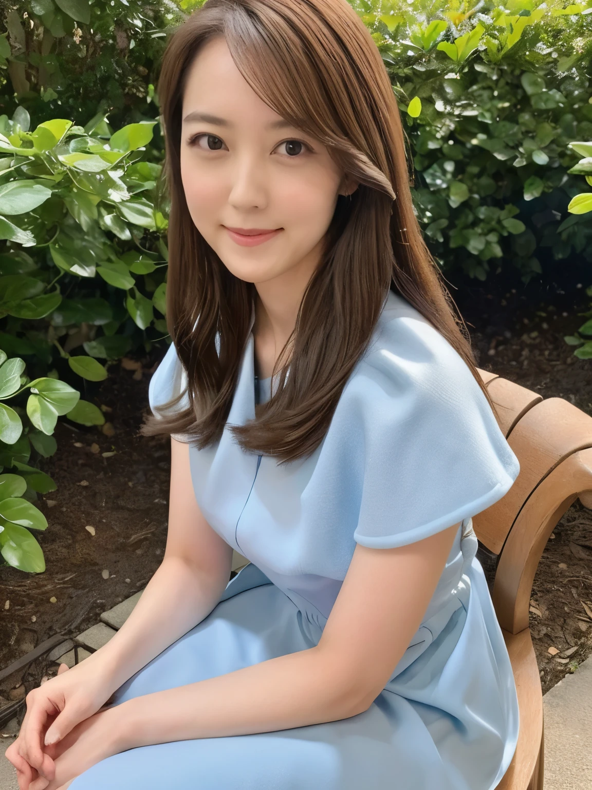 (masterpiece, best quality:1.2), 1girl, solo、sitting in a garden, wearing a blue-sky long dress, 