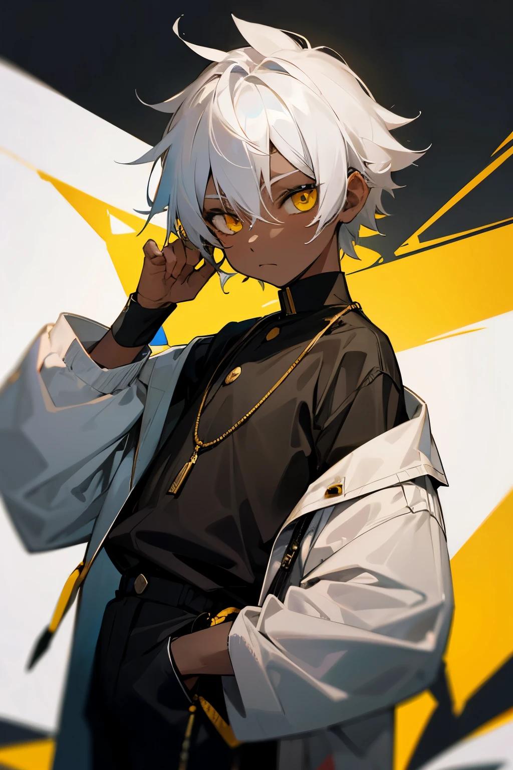 Boy, white hair, yellow eyes, black skin, age 10, ten-year-old child, young
