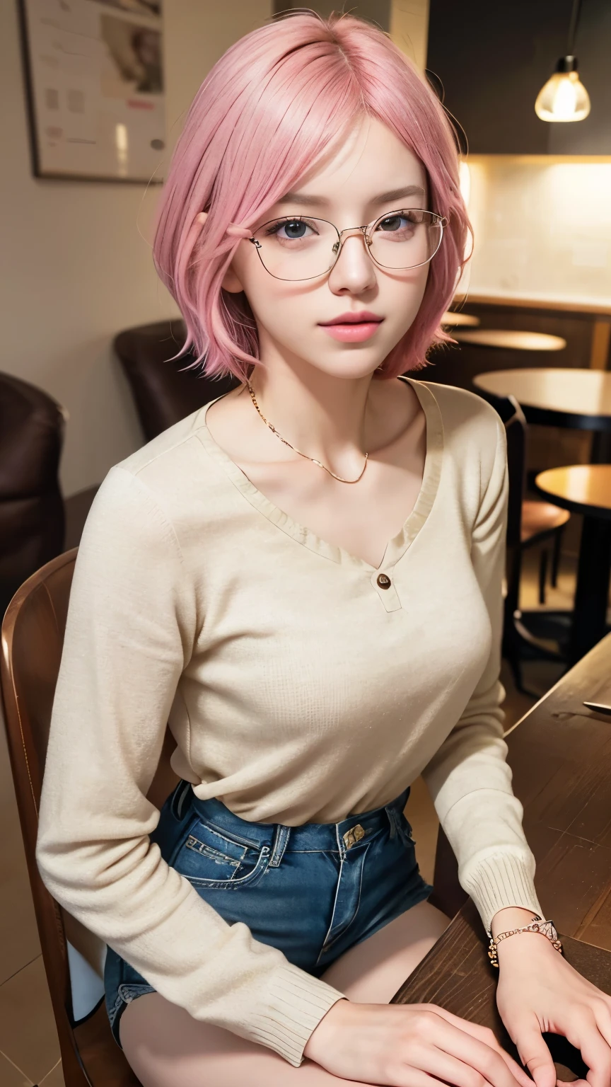 (8k, highest quality, masterpiece:1,2), (realistic, Photoreal:1.37), Super detailed, one girl,), (very detailed), (beautiful detailed eyes), (highest qualityの), (Super detailed ), (masterpiece), (detailed face),20-year-old, ,1 girl, cowboy pink hair,very short hair, medium breasts, Underwear 1.5,Highly exposed1.3, perfect lighting, focus on pussy and breasts, looking at the viewer, excited face, naughty face, coffee in hand, stylish cafe, sitting at the table, stylish casual wear, notebook and smartphone on the table,Glasses 1.5