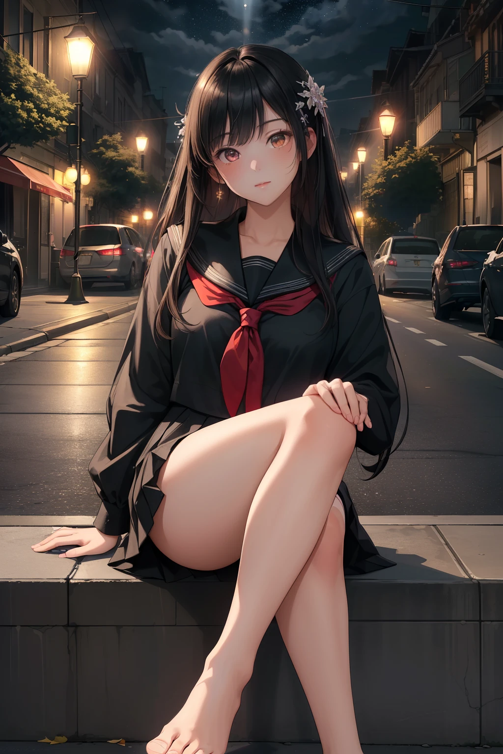 ((masterpiece, High resolution, highest quality:1.4, breathtaking, super detailed)), (A strong light shines on her、while darkening everything else、cute woman in town), perfect feet, serafuku, night, street light, sitting, spreading my legs