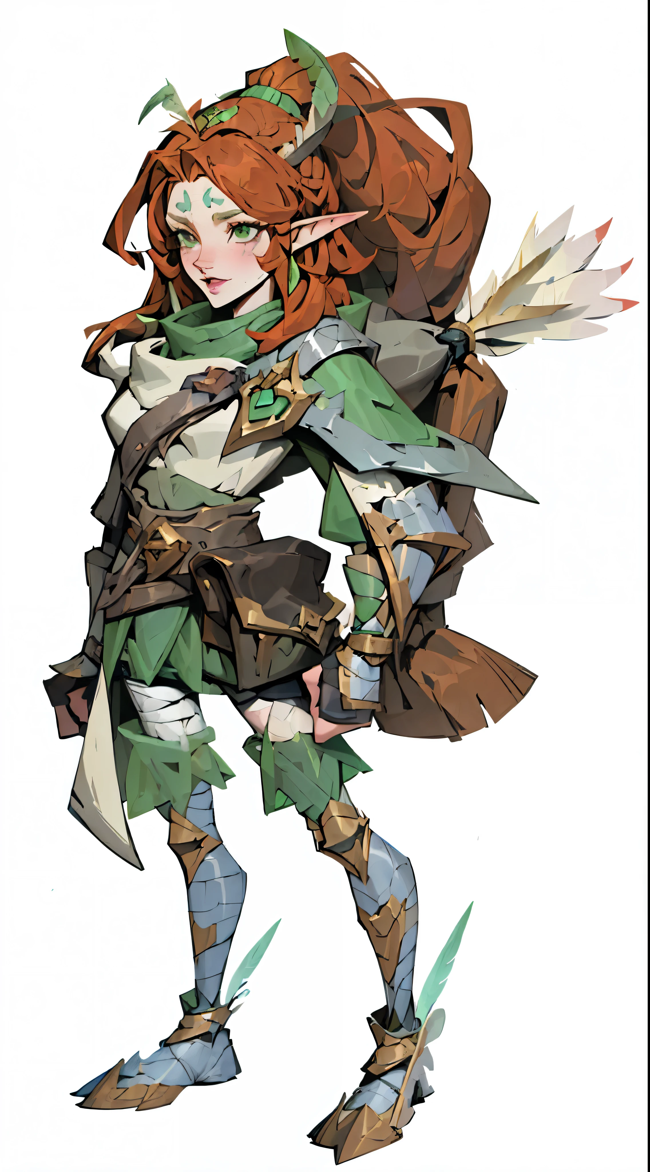 Grass, venue, League of Legends, 1 girl, Elf, Druid, animal ears, bandage legs, long legs, bandage, bandage, bird legs, bird skull, cape, shut up, Distinguish ears by headgear, eyes visible through hair, face drawing, feather, hood, hooded cape, long hair, Brownish-green eyes, ginger, Red hair, colorful hair, armor, blue scarf, scarf, scarf, scarf long hair, hooded scarf, green clothes, green skirt, long skirt, leather armor, nose ring, nostril, Backpack，ponytail