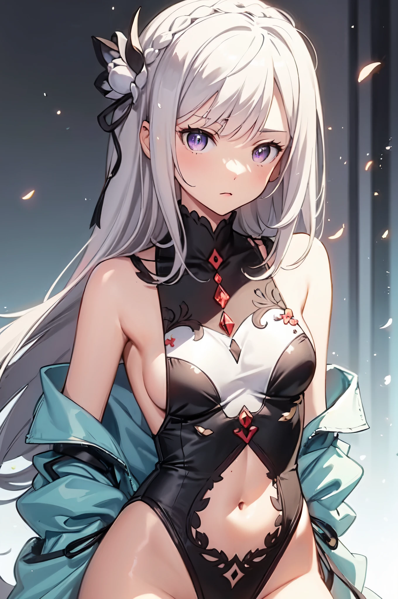 breast curtain, sideboob, straight-on, navel,, ultra detailed, masterpiece, best quality, aesthetic, detailed,, serious, 1girl, Emilia re:zero, purple eyes, Emilia, crown braid, x hair ornament, flower hair ornament, white hair, very long hair, medium breasts,
