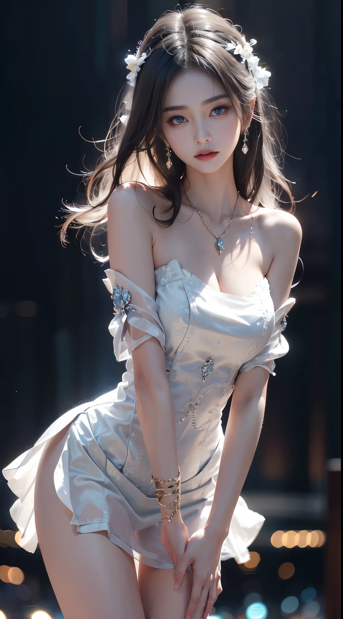 ((whole body)), ((from below)), ((gufeng,bare shoulders)), clear face, pretty face, 8k, masterpiece, original photo, best quality, detail:1.2,lifelike, detail, Very detailed, CG, unity, wallpaper, depth of field, movie light, lens flare, Ray tracing, (extremely beautiful face, beautiful lips, beautiful eyes), complicated, detail的脸, ((ultra detailed skin)), 1 girl, in the darkness, deep shadow, beautiful korean girl, kpop idol,(Very slim figure:1.3), plump breasts, Slender sexy legs, elegant posture, (bright smile), (City night, (neon lights), (night), beautiful korean girl, white diamond earrings, diameter bracelet, Dia Necklace, clear eyes, facing forward, (big eyes)