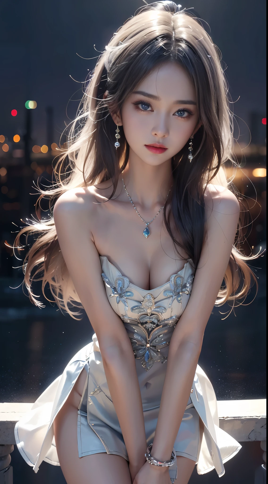 ((whole body)), ((from below)), ((gufeng,bare shoulders)), clear face, pretty face, 8k, masterpiece, original photo, best quality, detail:1.2,lifelike, detail, Very detailed, CG, unity, wallpaper, depth of field, movie light, lens flare, Ray tracing, (extremely beautiful face, beautiful lips, beautiful eyes), complicated, detail的脸, ((ultra detailed skin)), 1 girl, in the darkness, deep shadow, beautiful korean girl, kpop idol,(Very slim figure:1.3), plump breasts, Slender sexy legs, elegant posture, (bright smile), (City night, (neon lights), (night), beautiful korean girl, white diamond earrings, diameter bracelet, Dia Necklace, clear eyes, facing forward, (big eyes)