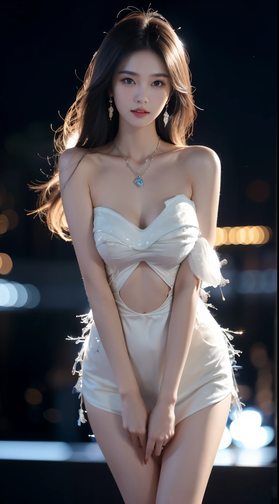 ((whole body)), ((from below)), ((gufeng,bare shoulders)), clear face, pretty face, 8k, masterpiece, original photo, best quality, detail:1.2,lifelike, detail, Very detailed, CG, unity, wallpaper, depth of field, movie light, lens flare, Ray tracing, (extremely beautiful face, beautiful lips, beautiful eyes), complicated, detail的脸, ((ultra detailed skin)), 1 girl, in the darkness, deep shadow, beautiful korean girl, kpop idol,(Very slim figure:1.3), plump breasts, Slender sexy legs, elegant posture, (bright smile), (City night, (neon lights), (night), beautiful korean girl, white diamond earrings, diameter bracelet, Dia Necklace, clear eyes, facing forward, (big eyes)