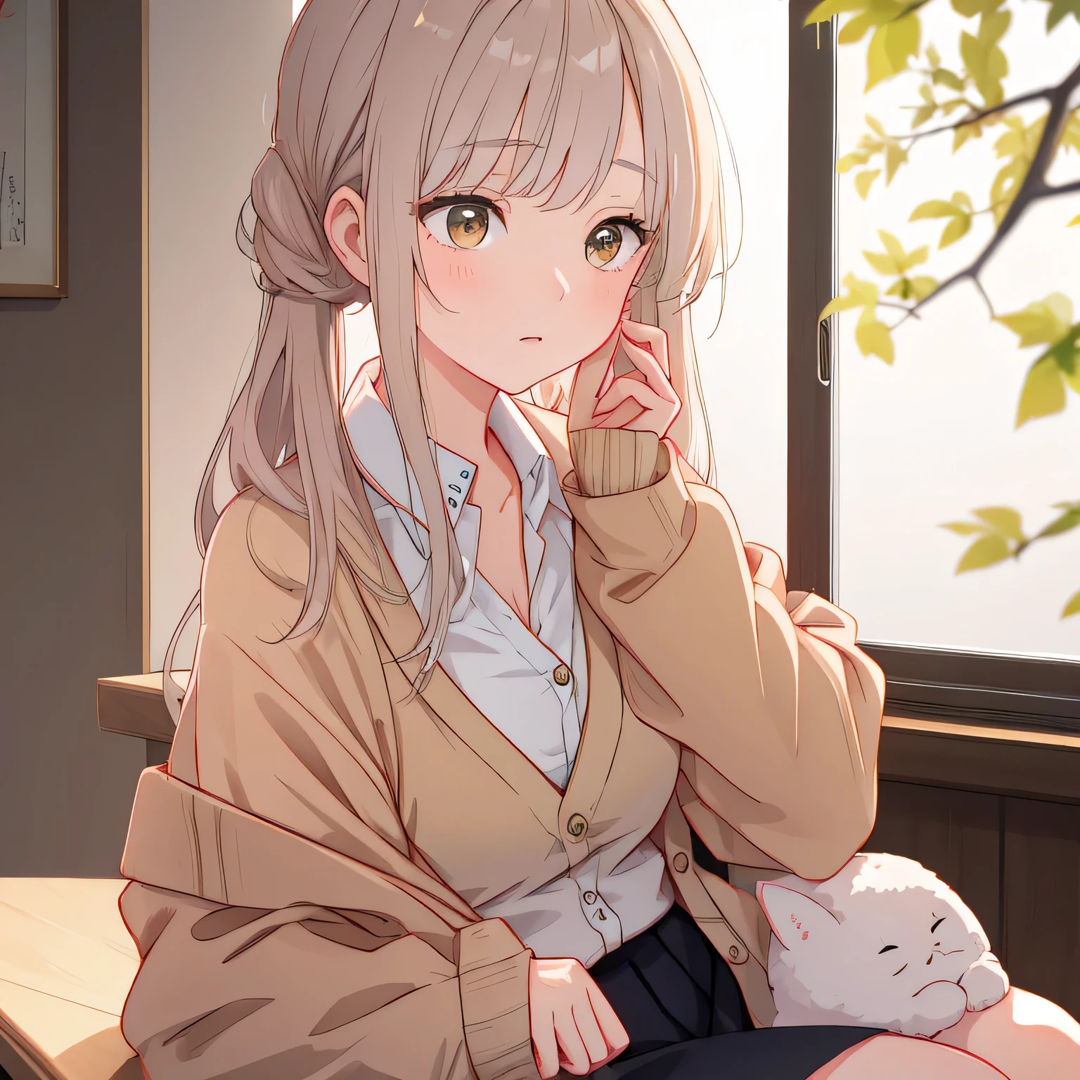 A quiet girl from a wealthy Hokkaido family wearing a cardigan.