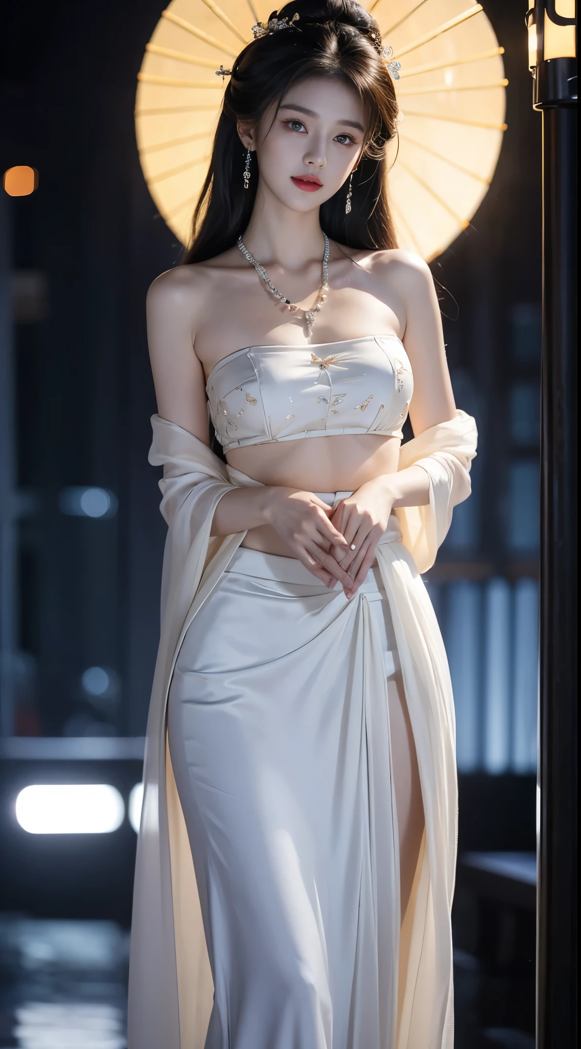 hanfu-song, hanfu, song theme, bandeau, tube top, ((whole body)), ((from below)), ((gufeng,bare shoulders)), ((The skirt is very short)), clear face, pretty face, 8k, masterpiece, original photo, best quality, detail:1.2,lifelike, detail, Very detailed, CG, unity, wallpaper, depth of field, movie light, lens flare, Ray tracing, (extremely beautiful face, beautiful lips, beautiful eyes), complicated, detail的脸, ((ultra detailed skin)), 1 girl, in the darkness, deep shadow, beautiful korean girl, kpop idol,(Very slim figure:1.3), plump breasts, Slender sexy legs, elegant posture, (bright smile), (City night, (neon lights), (night), beautiful korean girl, white diamond earrings, diameter bracelet, Dia Necklace, clear eyes, facing forward, (big eyes)