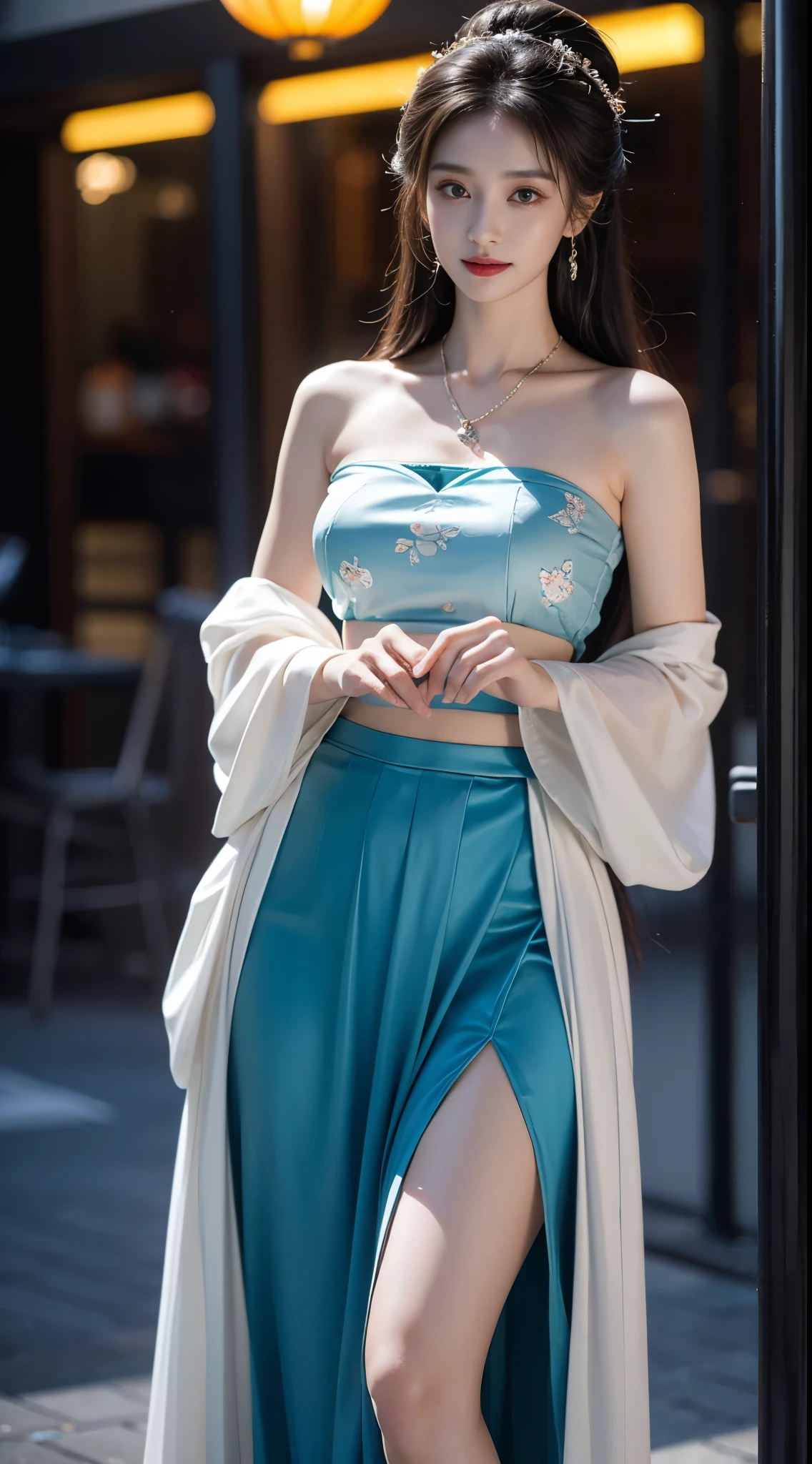 hanfu-song, hanfu, song theme, bandeau, tube top, ((whole body)), ((from below)), ((gufeng,bare shoulders)), ((The skirt is short)),((Leaking beautiful legs)), clear face, pretty face, 8k, masterpiece, original photo, best quality, detail:1.2,lifelike, detail, Very detailed, CG, unity, wallpaper, depth of field, movie light, lens flare, Ray tracing, (extremely beautiful face, beautiful lips, beautiful eyes), complicated, detail的脸, ((ultra detailed skin)), 1 girl, in the darkness, deep shadow, beautiful korean girl, kpop idol,(Very slim figure:1.3), plump breasts, Slender sexy legs, elegant posture, (bright smile), (City night, (neon lights), (night), beautiful korean girl, white diamond earrings, diameter bracelet, Dia Necklace, clear eyes, facing forward, (big eyes)