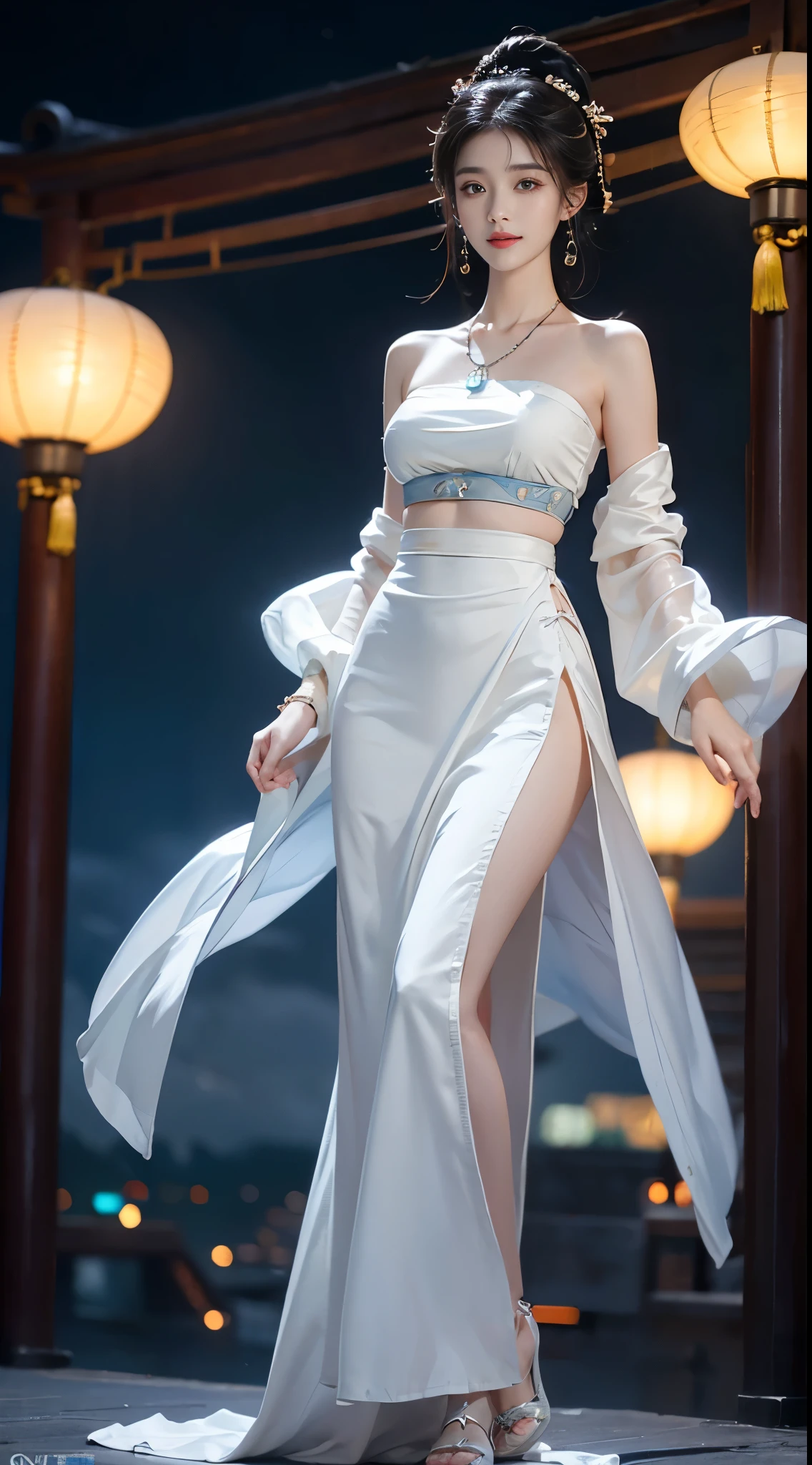 hanfu-song, hanfu, song theme, bandeau, tube top, ((whole body)), ((from below)), ((gufeng,bare shoulders)), ((The skirt is short)),((Leaking beautiful legs)), clear face, pretty face, 8k, masterpiece, original photo, best quality, detail:1.2,lifelike, detail, Very detailed, CG, unity, wallpaper, depth of field, movie light, lens flare, Ray tracing, (extremely beautiful face, beautiful lips, beautiful eyes), complicated, detail的脸, ((ultra detailed skin)), 1 girl, in the darkness, deep shadow, beautiful korean girl, kpop idol,(Very slim figure:1.3), plump breasts, Slender sexy legs, elegant posture, (bright smile), (City night, (neon lights), (night), beautiful korean girl, white diamond earrings, diameter bracelet, Dia Necklace, clear eyes, facing forward, (big eyes)