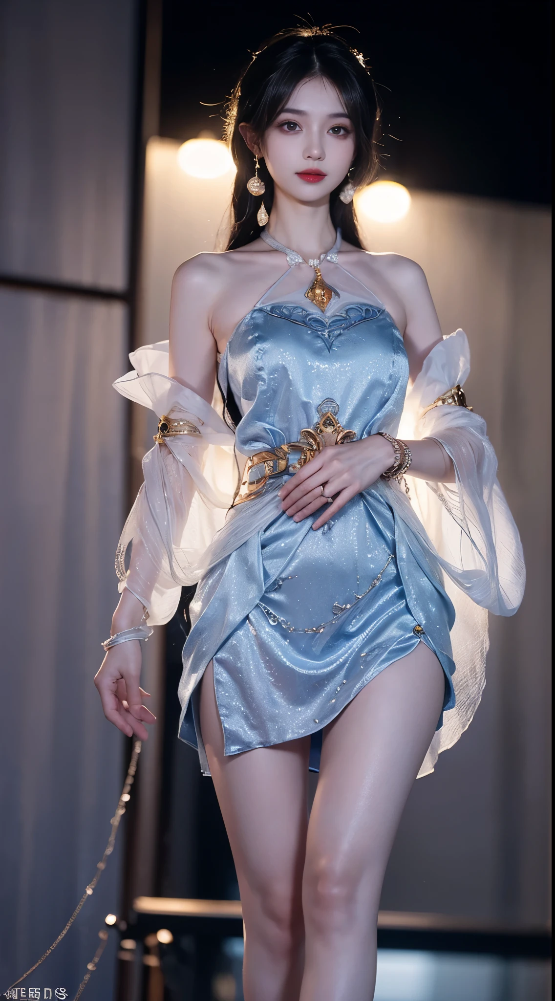 yinziping,china dress, ((whole body)), ((from below)), ((gufeng,bare shoulders)), ((The skirt is short)),((Leaking beautiful legs)), clear face, pretty face, 8k, masterpiece, original photo, best quality, detail:1.2,lifelike, detail, Very detailed, CG, unity, wallpaper, depth of field, movie light, lens flare, Ray tracing, (extremely beautiful face, beautiful lips, beautiful eyes), complicated, detail的脸, ((ultra detailed skin)), 1 girl, in the darkness, deep shadow, beautiful korean girl, kpop idol,(Very slim figure:1.3), plump breasts, Slender sexy legs, elegant posture, (bright smile), (City night, (neon lights), (night), beautiful korean girl, white diamond earrings, diameter bracelet, Dia Necklace, clear eyes, facing forward, (big eyes)