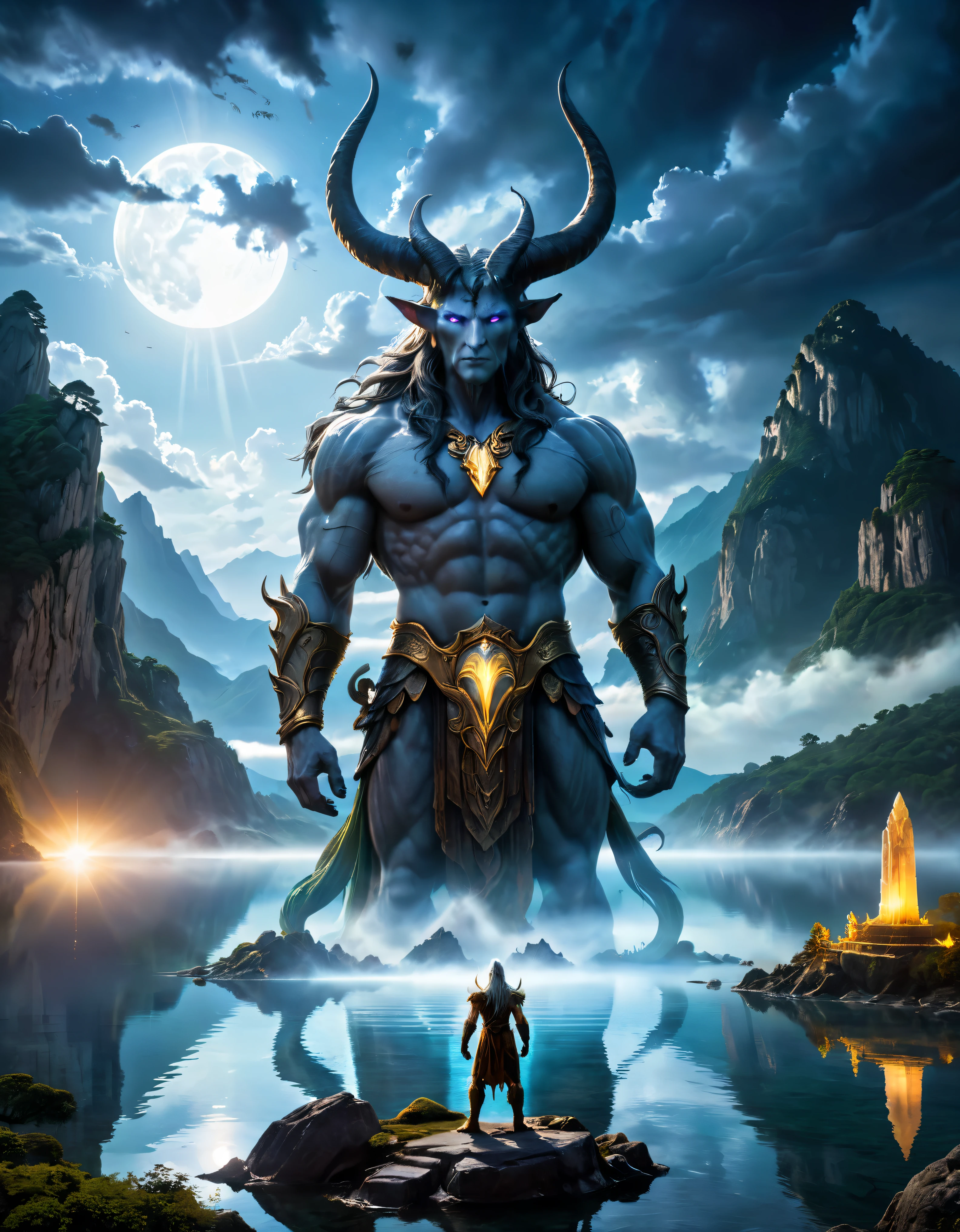 (best quality,4k,highres,masterpiece:1.2),ultra-detailed,realistic:1.37,giant Titan,standing at a lake,mountains,mythical creature,mysterious atmosphere,ancient ruins,enormous size,reflection on the water,towering presence,majestic,awe-inspiring view,fantasy realm,twilight colors,sunlight piercing through clouds,ethereal glow,natural beauty,misty fog,crystal clear water,serene tranquility,ancient trees,mythical creatures in the distance,peaceful silence,magical energy,gentle breeze,imposing figure,majestic horns,granite-like skin,mighty strength,deep wrinkles,wisdom of ages,timeless existence,mythical guardian,dark,ominous clouds,sublime power,illuminated by moonlight,luminous eyes,hidden secrets,distant echoes.