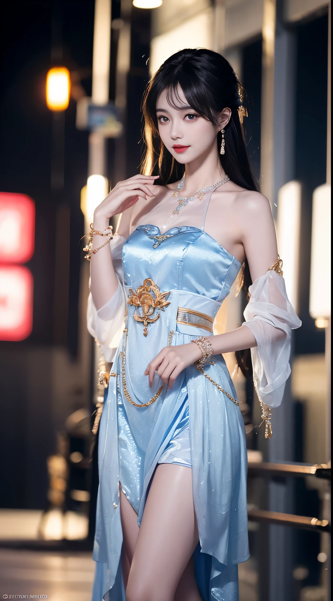 yinziping,china dress, ((whole body)), ((from below)), ((gufeng,bare shoulders)), ((The skirt is short)),((Leaking beautiful legs)), clear face, pretty face, 8k, masterpiece, original photo, best quality, detail:1.2,lifelike, detail, Very detailed, CG, unity, wallpaper, depth of field, movie light, lens flare, Ray tracing, (extremely beautiful face, beautiful lips, beautiful eyes), complicated, detail的脸, ((ultra detailed skin)), 1 girl, in the darkness, deep shadow, beautiful korean girl, kpop idol,(Very slim figure:1.3), plump breasts, Slender sexy legs, elegant posture, (bright smile), (City night, (neon lights), (night), beautiful korean girl, white diamond earrings, diameter bracelet, Dia Necklace, clear eyes, facing forward, (big eyes)