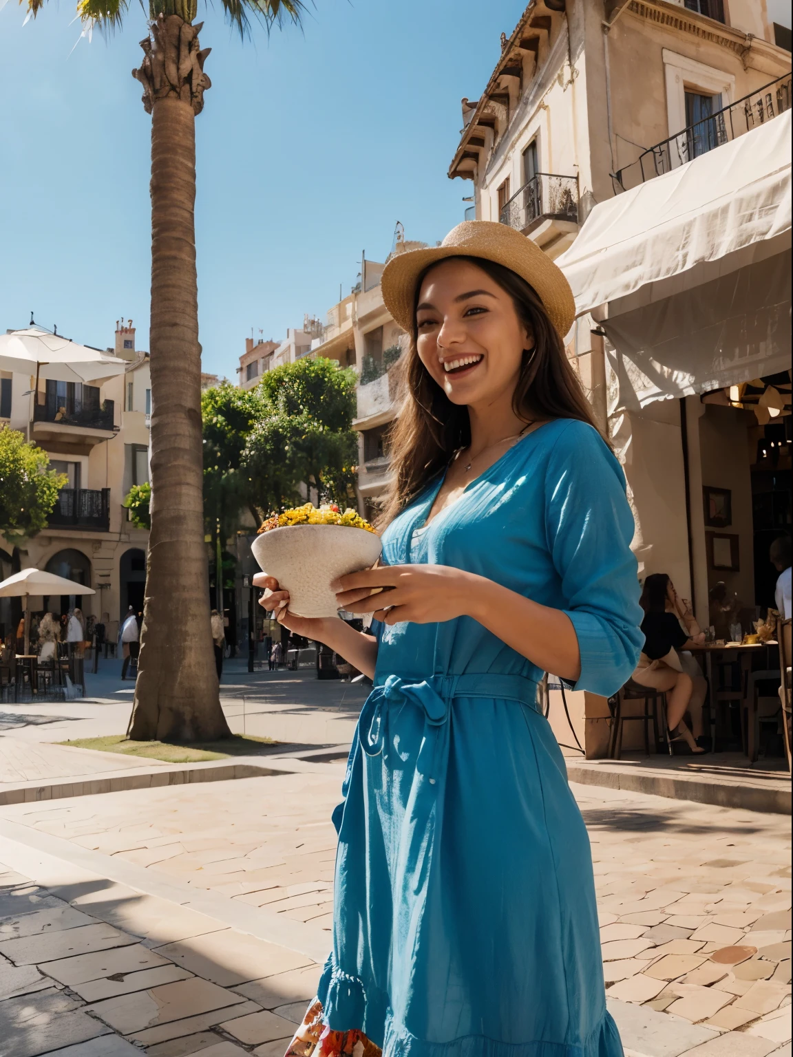 (best quality,highres,ultra-detailed:1.2), HDR, vivid colors, beautiful girl, Barcelona square, lively atmosphere, charming architecture, colorful flowers, happy people, stunning view, cozy cafe, outdoor dining, sunny weather, elegant dress, stylish hat, joyful expression, long flowing hair, vibrant street performers, bustling crowd, street musicians, mouthwatering food stands, historical landmarks, mosaic pavement, decorative fountains, palm trees, blue sky, warm sunshine, laughter and laughter, carefree moments
