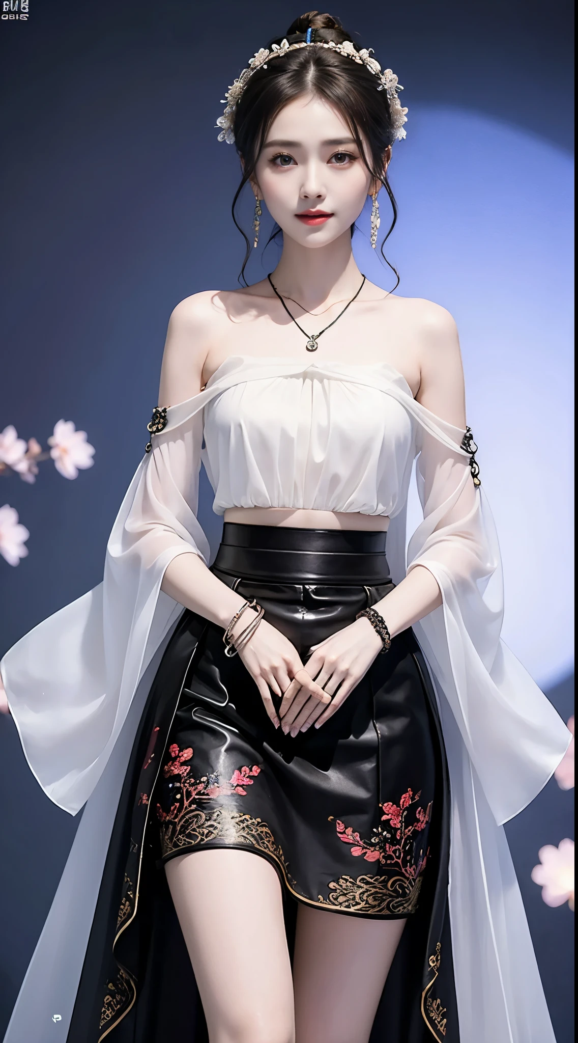 hanfu, ((whole body)), ((from below)), ((gufeng,bare shoulders)), ((The skirt is short)),((Leaking beautiful legs)), clear face, pretty face, 8k, masterpiece, original photo, best quality, detail:1.2,lifelike, detail, Very detailed, CG, unity, wallpaper, depth of field, movie light, lens flare, Ray tracing, (extremely beautiful face, beautiful lips, beautiful eyes), complicated, detail的脸, ((ultra detailed skin)), 1 girl, in the darkness, deep shadow, beautiful korean girl, kpop idol,(Very slim figure:1.3), plump breasts, Slender sexy legs, elegant posture, (bright smile), (City night, (neon lights), (night), beautiful korean girl, white diamond earrings, diameter bracelet, Dia Necklace, clear eyes, facing forward, (big eyes)