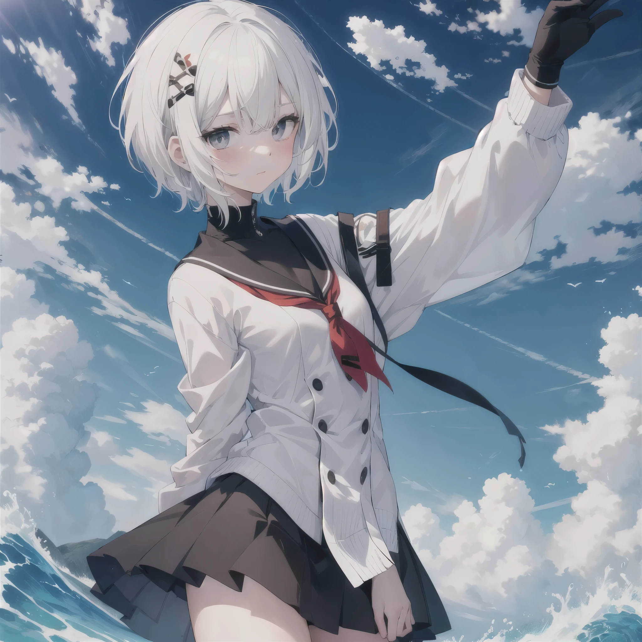 masterpiece,1 girl,alone,anime girl,white hair,wave hair,short hair,leader of the ,leadership,JC,junior student,despise,a born leader