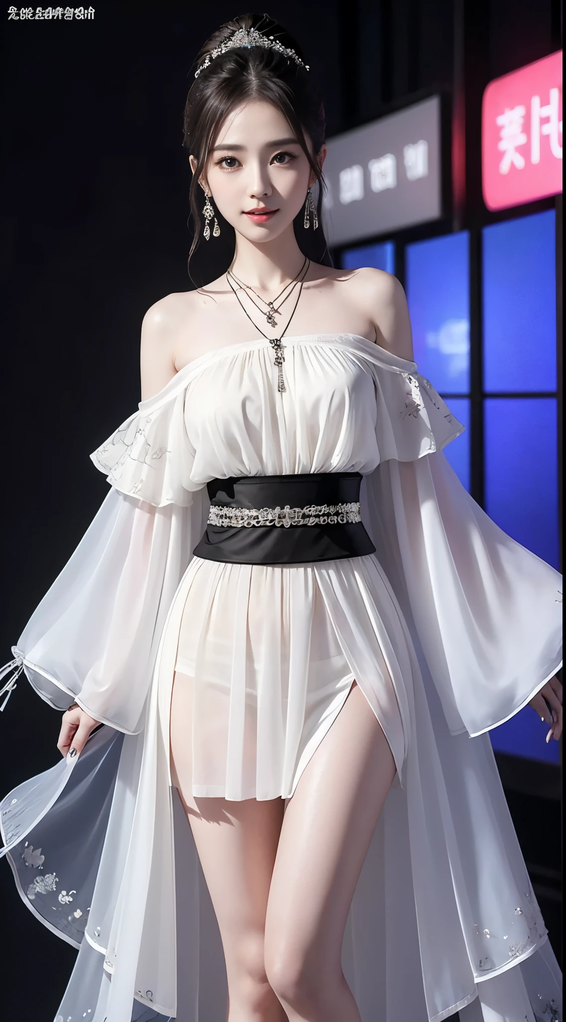 hanfu, ((whole body)), ((from below)), ((gufeng,bare shoulders)), ((The skirt is short)),((Leaking beautiful legs)), clear face, pretty face, 8k, masterpiece, original photo, best quality, detail:1.2,lifelike, detail, Very detailed, CG, unity, wallpaper, depth of field, movie light, lens flare, Ray tracing, (extremely beautiful face, beautiful lips, beautiful eyes), complicated, detail的脸, ((ultra detailed skin)), 1 girl, in the darkness, deep shadow, beautiful korean girl, kpop idol,(Very slim figure:1.3), plump breasts, Slender sexy legs, elegant posture, (bright smile), (City night, (neon lights), (night), beautiful korean girl, white diamond earrings, diameter bracelet, Dia Necklace, clear eyes, facing forward, (big eyes)