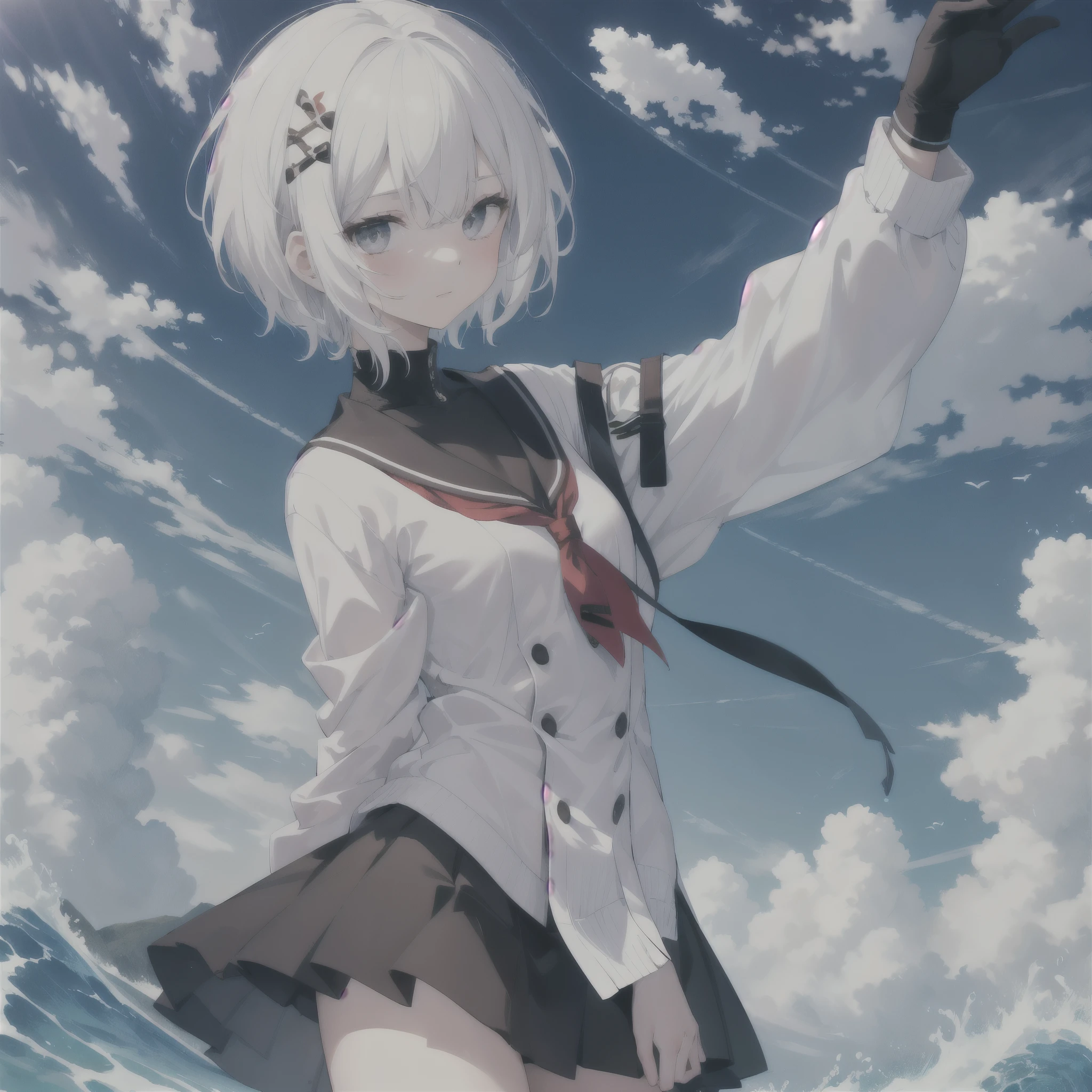 masterpiece,1 girl,alone,anime girl,white hair,wave hair,short hair,leader of the ,leadership,JC,junior student,despise,a born leader
