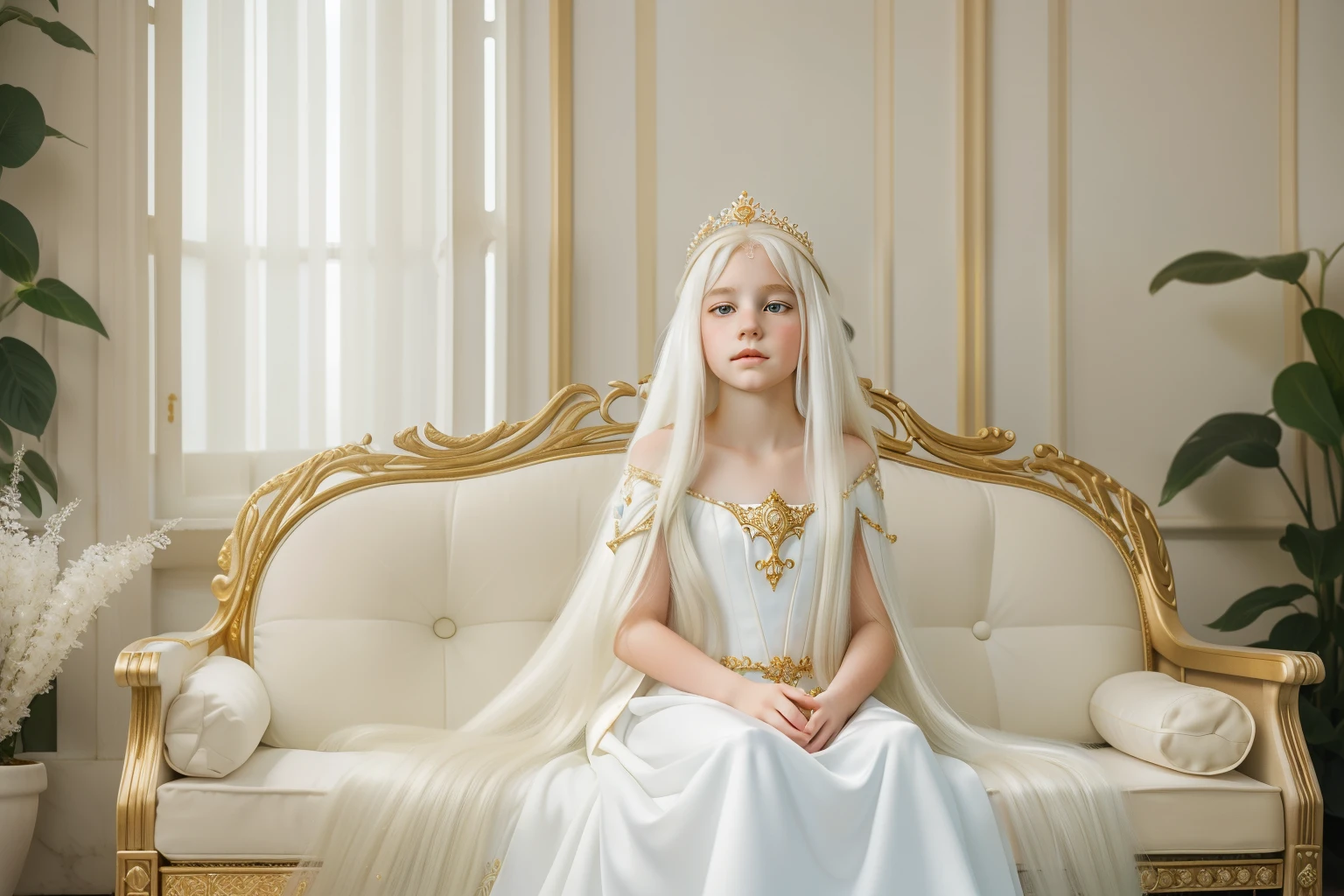 Fairytale Kingdom of Fantasia. In the bright white ivory tower. ((((10-year-old)) Childlike Empress)), little and beautiful girl, pale white skin, large golden eyes. ((long white hair)). She wears a princess gown of pure white. ((Determined expression, smile))